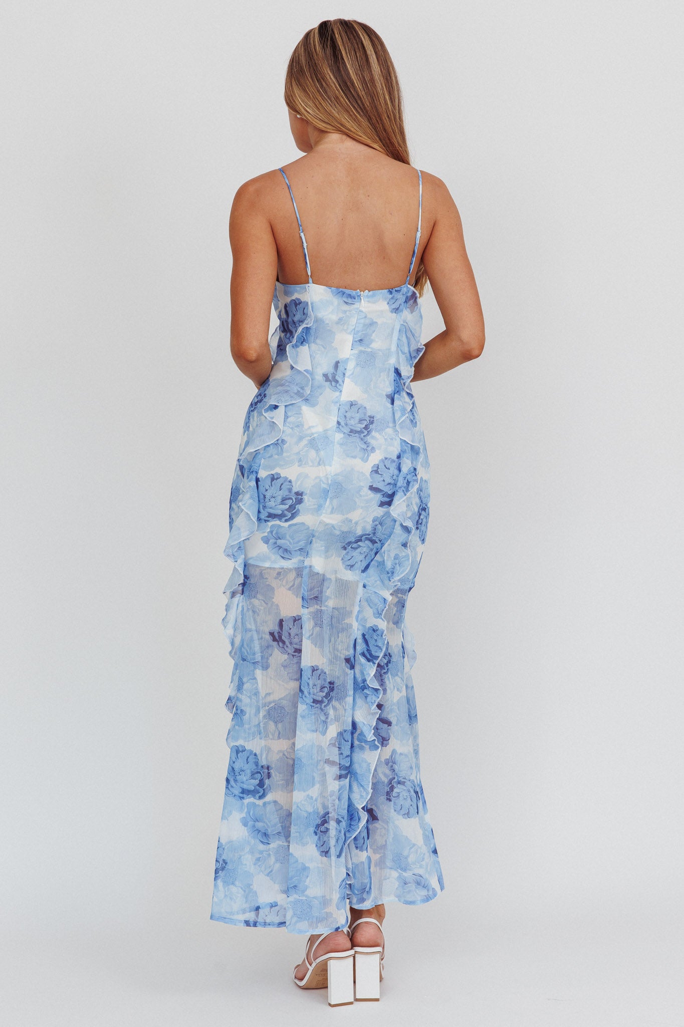 Frannie Vertical Ruffle Maxi Dress Floral Blue-Maymioy