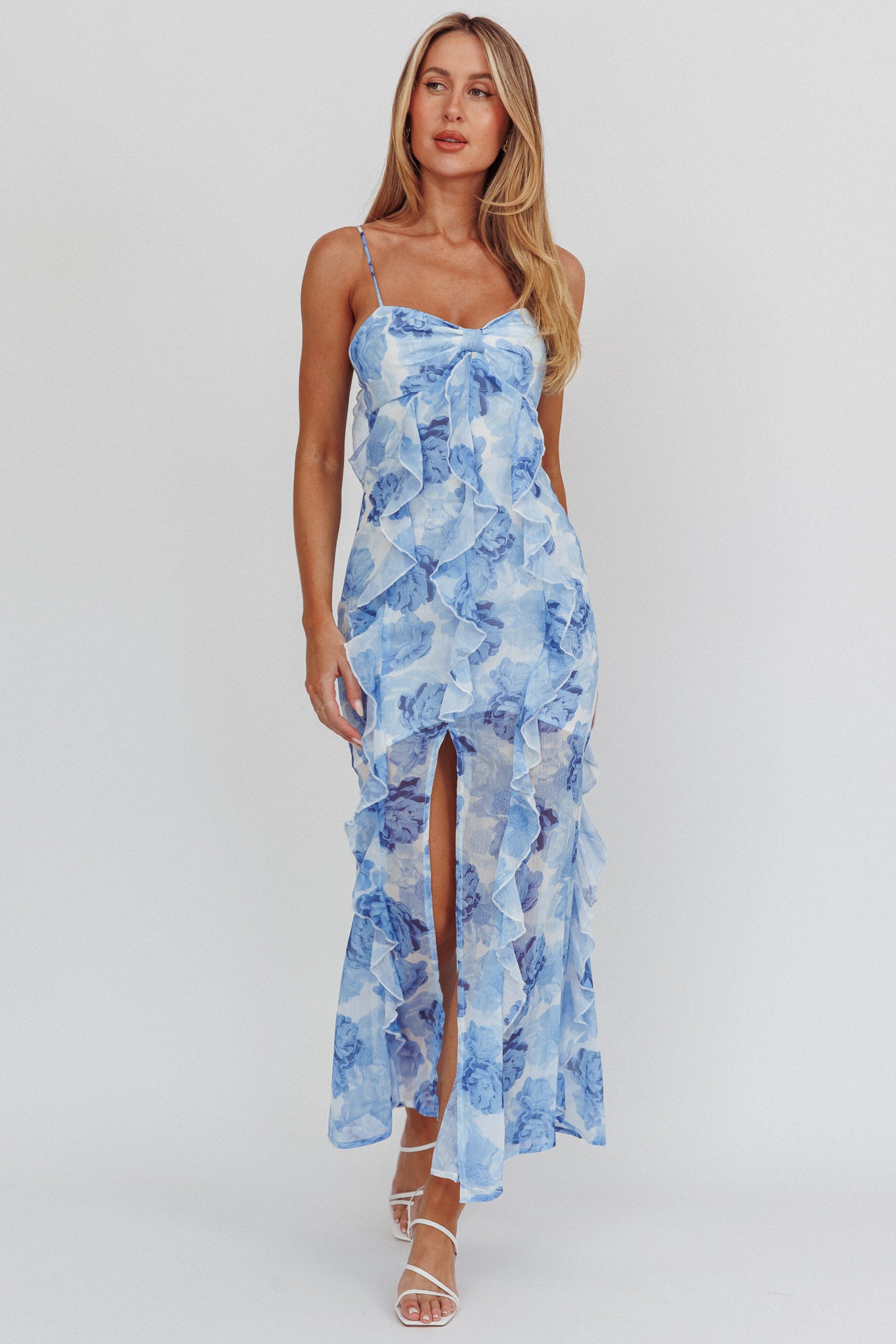 Frannie Vertical Ruffle Maxi Dress Floral Blue-Maymioy