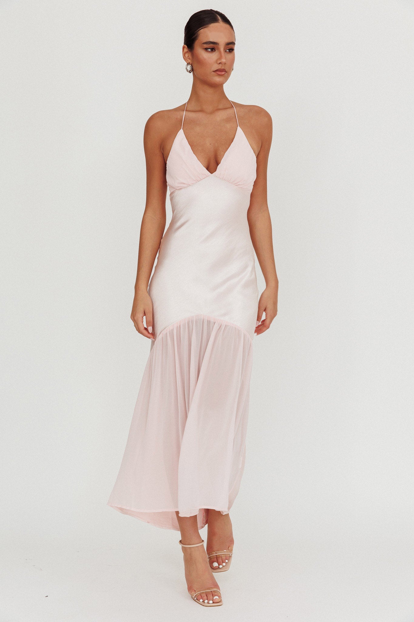 Aysah Chiffon Hem Halter Maxi Dress Pink-Maymioy