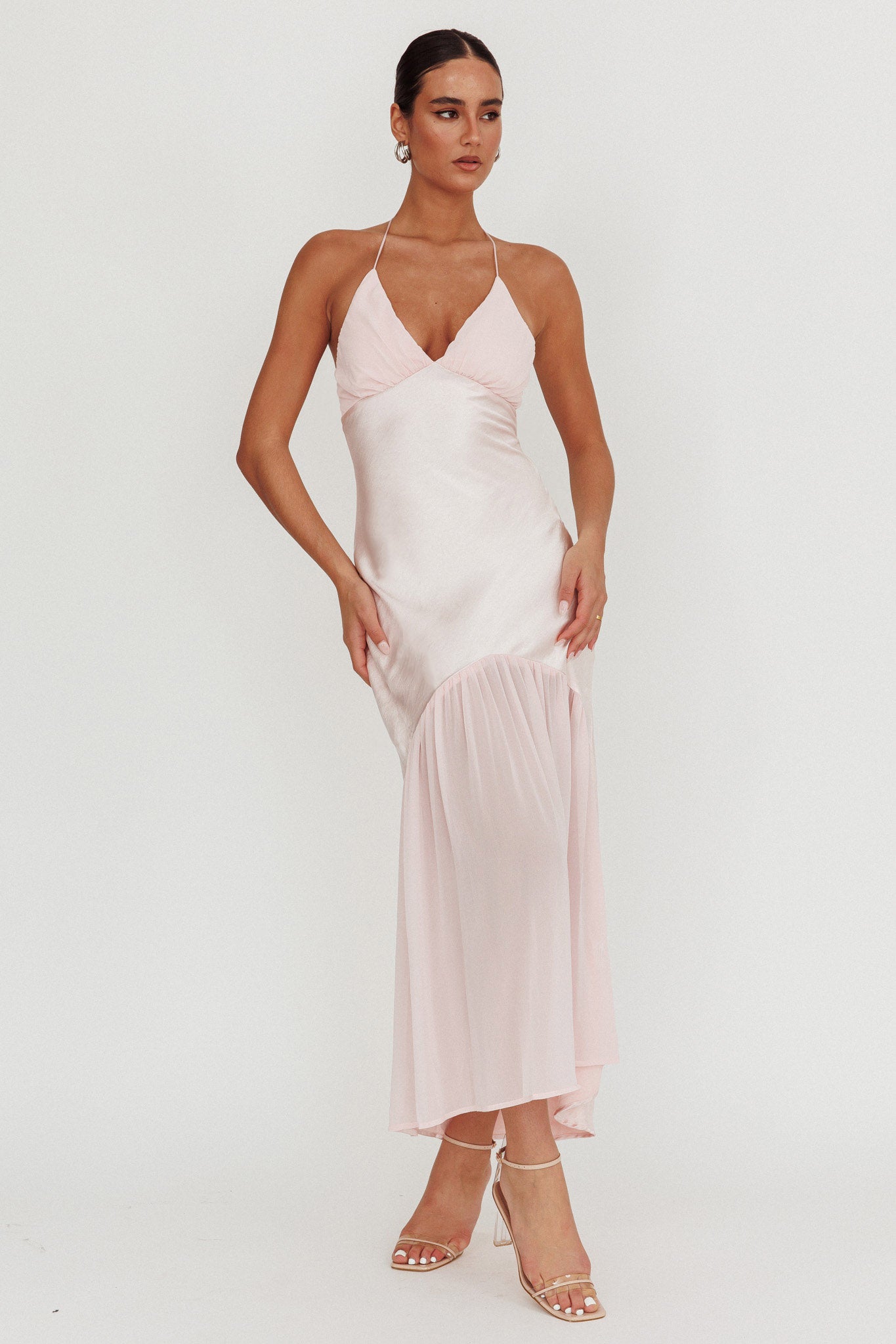 Aysah Chiffon Hem Halter Maxi Dress Pink-Maymioy