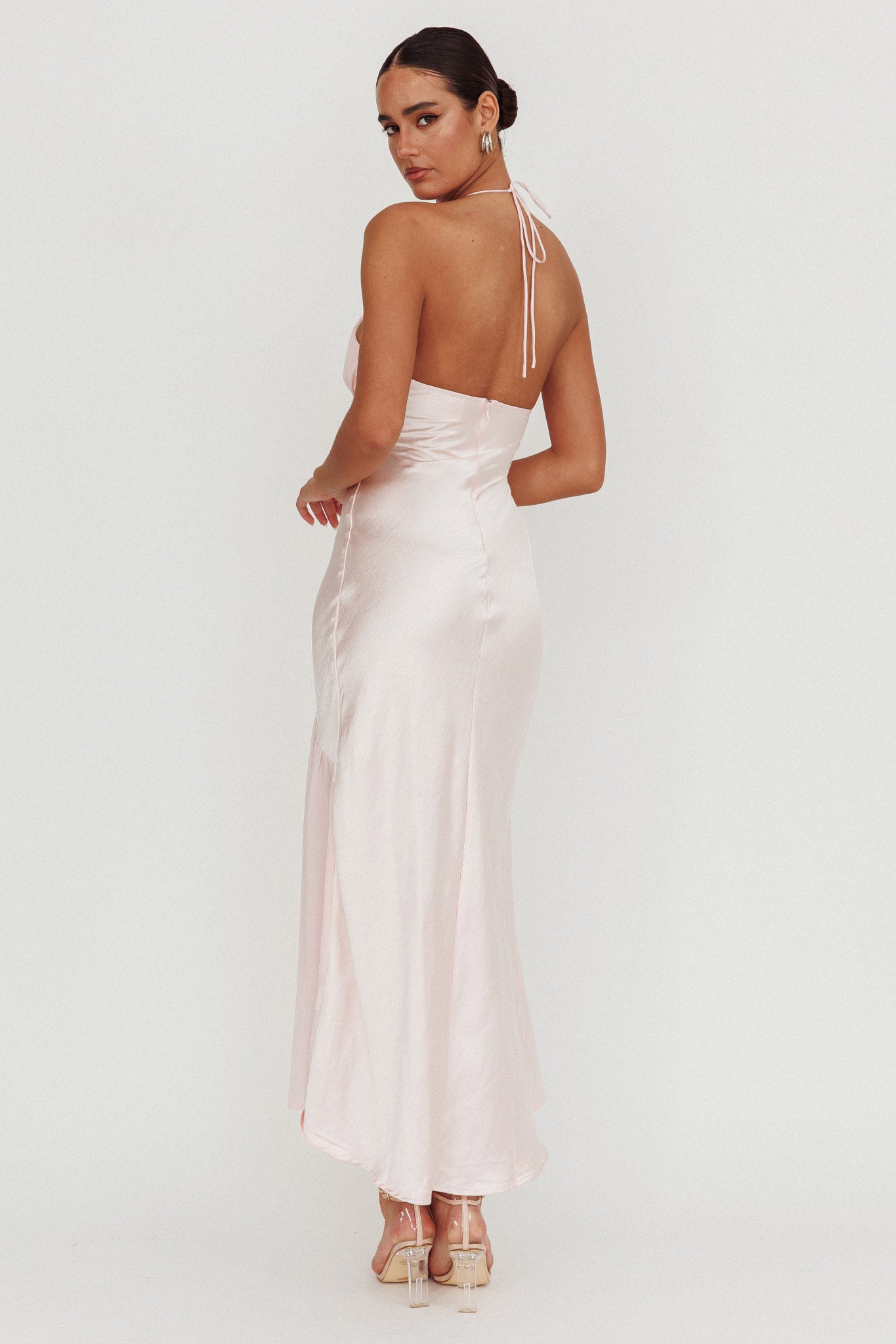 Aysah Chiffon Hem Halter Maxi Dress Pink-Maymioy