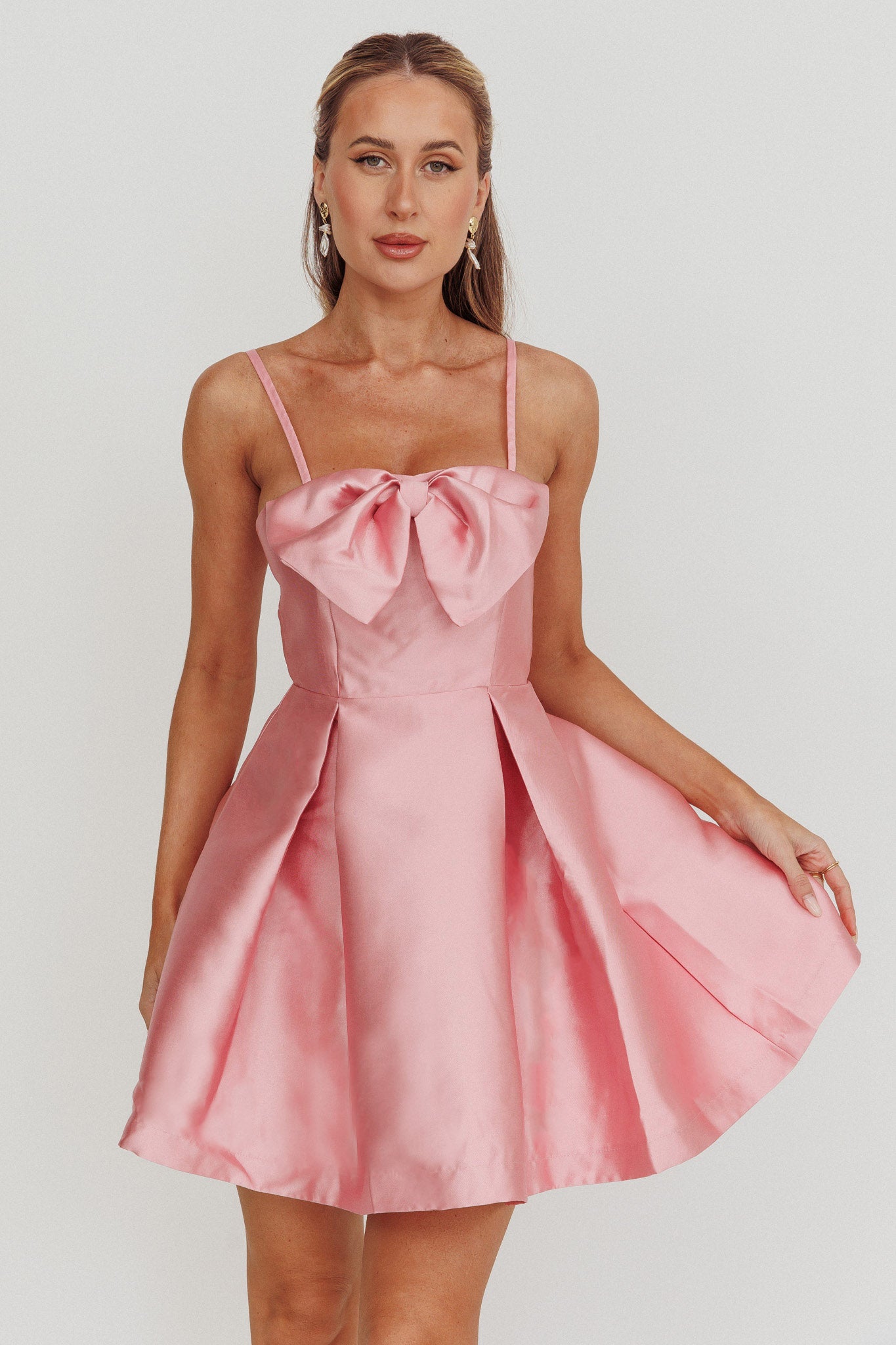 Love Talk Flared Bow Mini Dress Pink-Maymioy