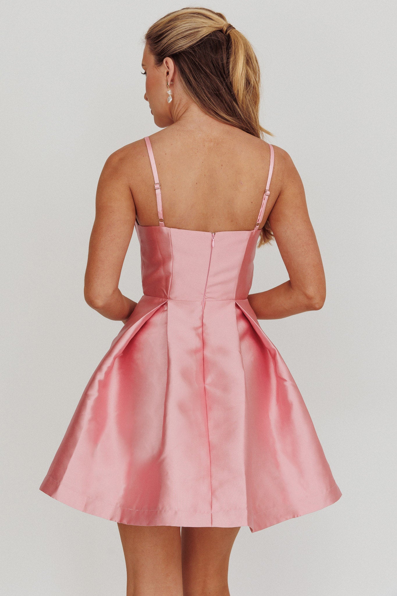 Love Talk Flared Bow Mini Dress Pink-Maymioy