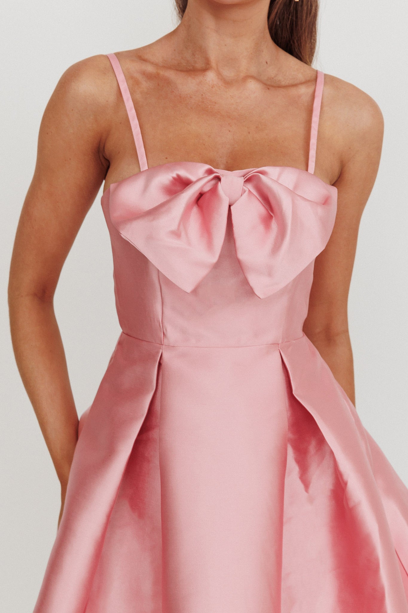 Love Talk Flared Bow Mini Dress Pink-Maymioy