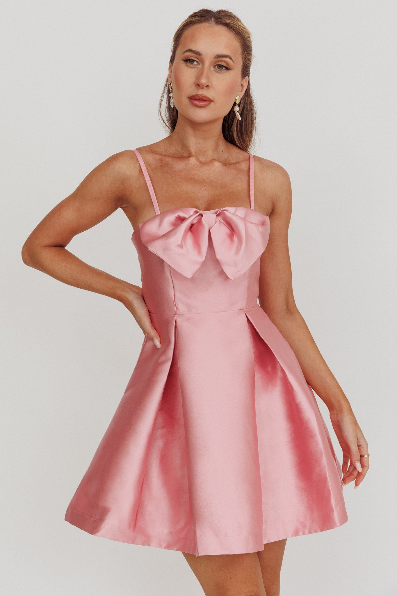 Love Talk Flared Bow Mini Dress Pink-Maymioy