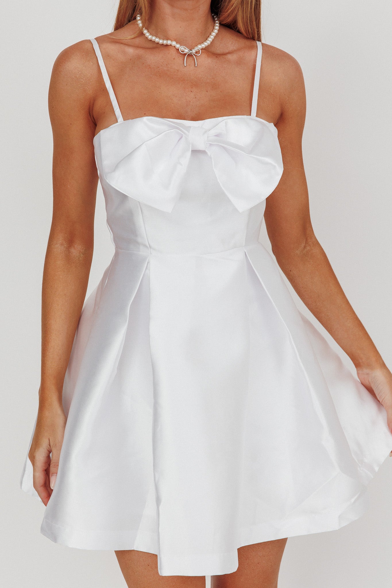 Love Talk Flared Bow Mini Dress White-Maymioy