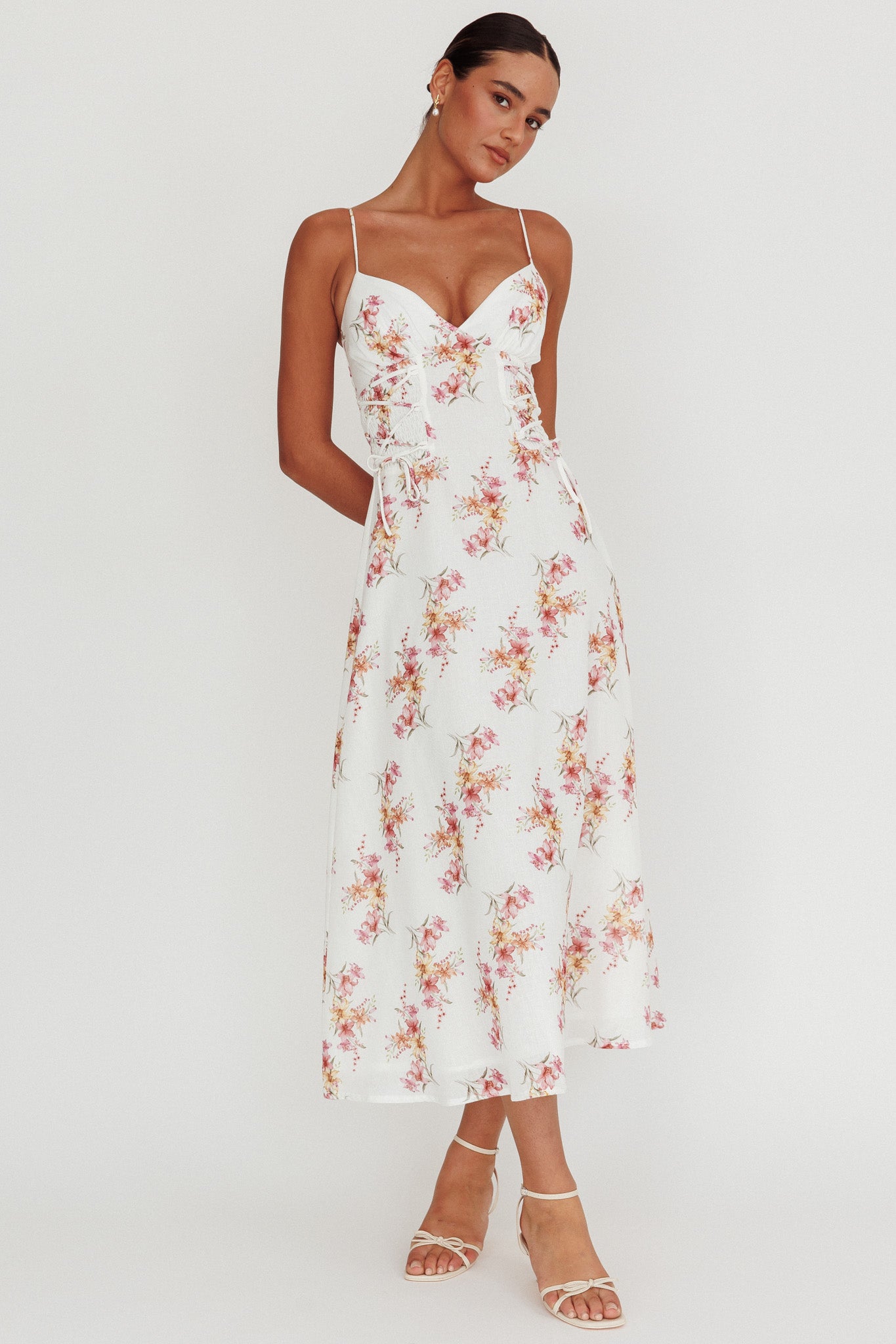 Kalaya Lace-Up Waist Midi Dress Floral-Maymioy
