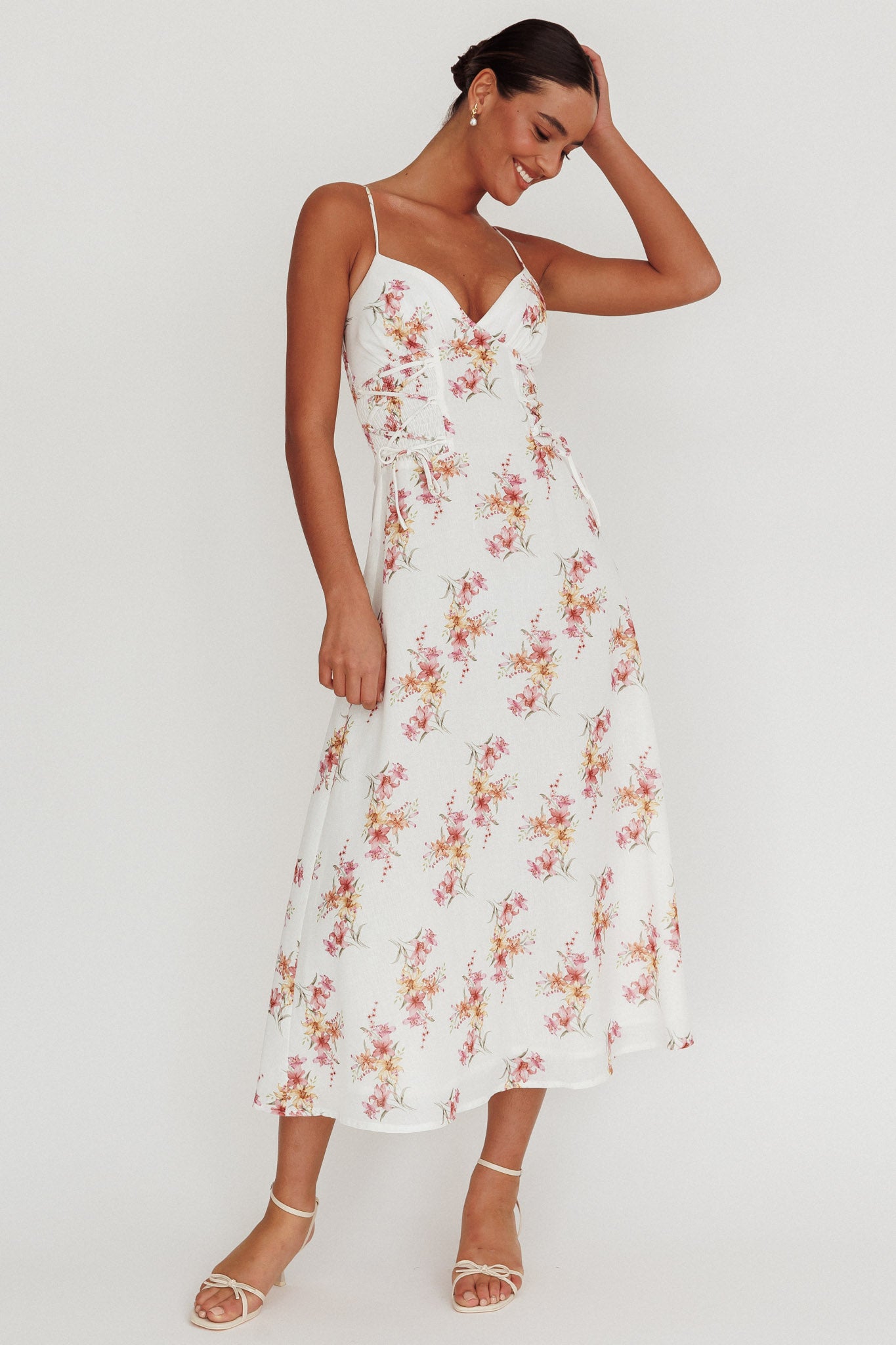 Kalaya Lace-Up Waist Midi Dress Floral-Maymioy