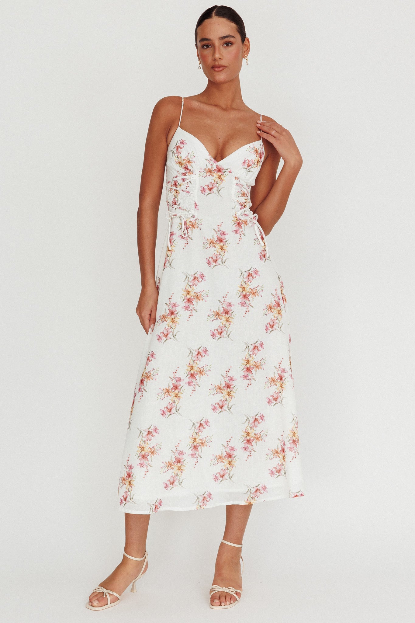 Kalaya Lace-Up Waist Midi Dress Floral-Maymioy