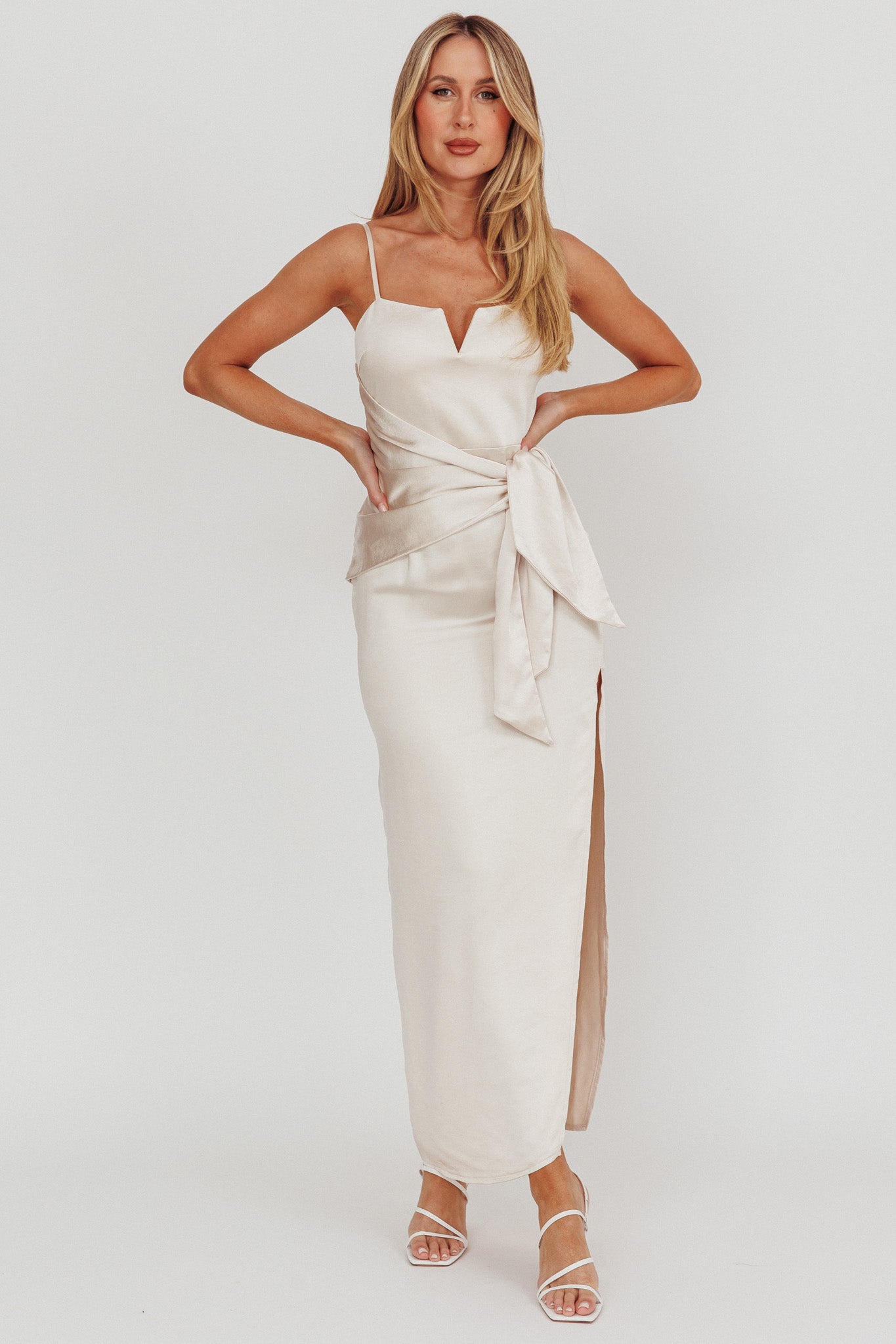 Celestine Waist Tie Satin Maxi Dress Light Champagne-Maymioy