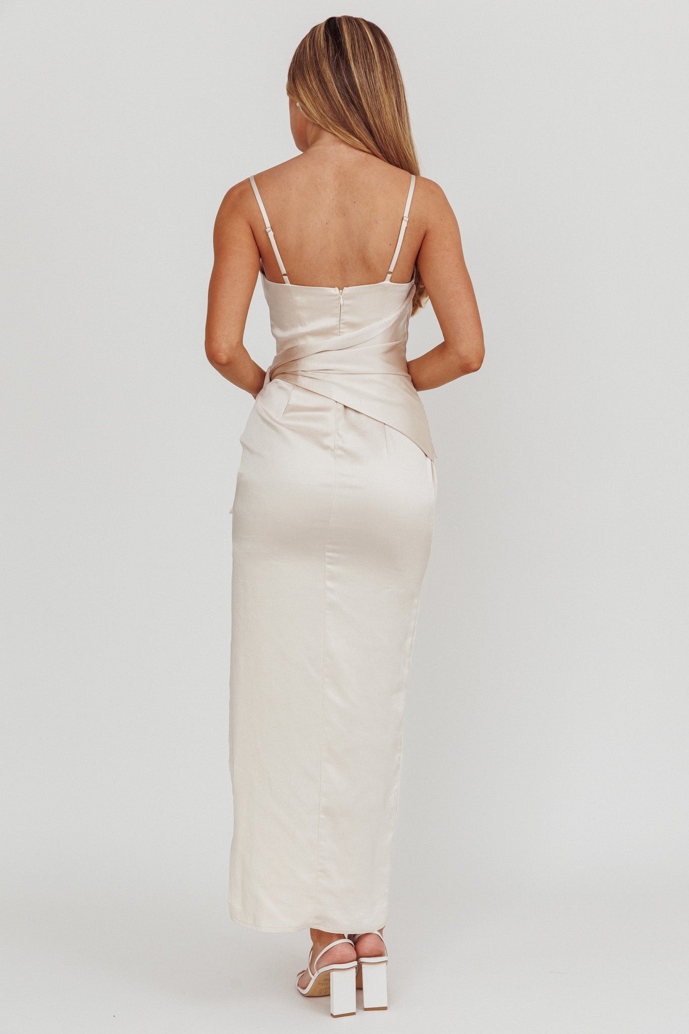 Celestine Waist Tie Satin Maxi Dress Light Champagne-Maymioy
