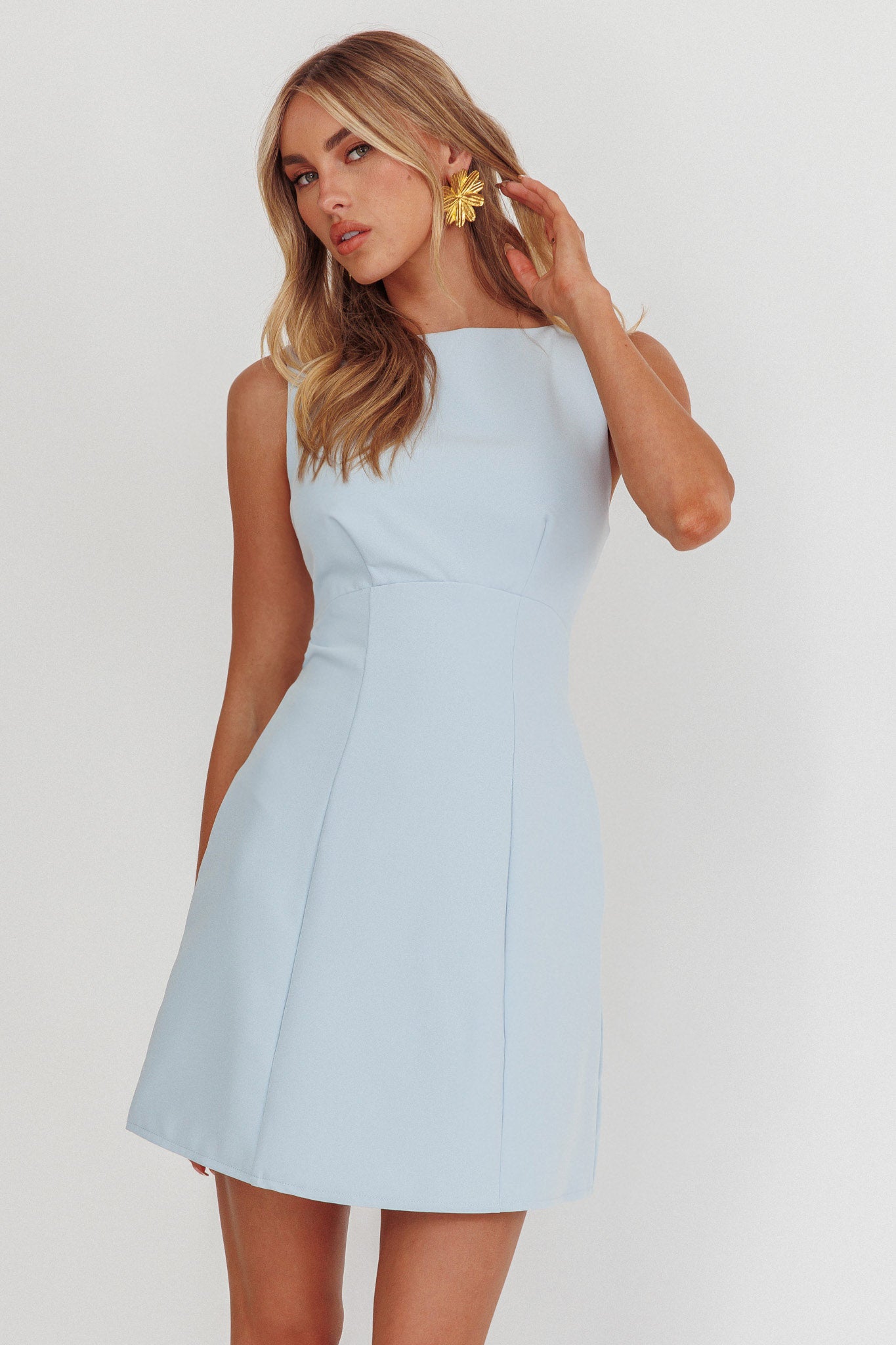 Shannon Boat Neck Sleeveless Mini Dress Light Blue-Maymioy