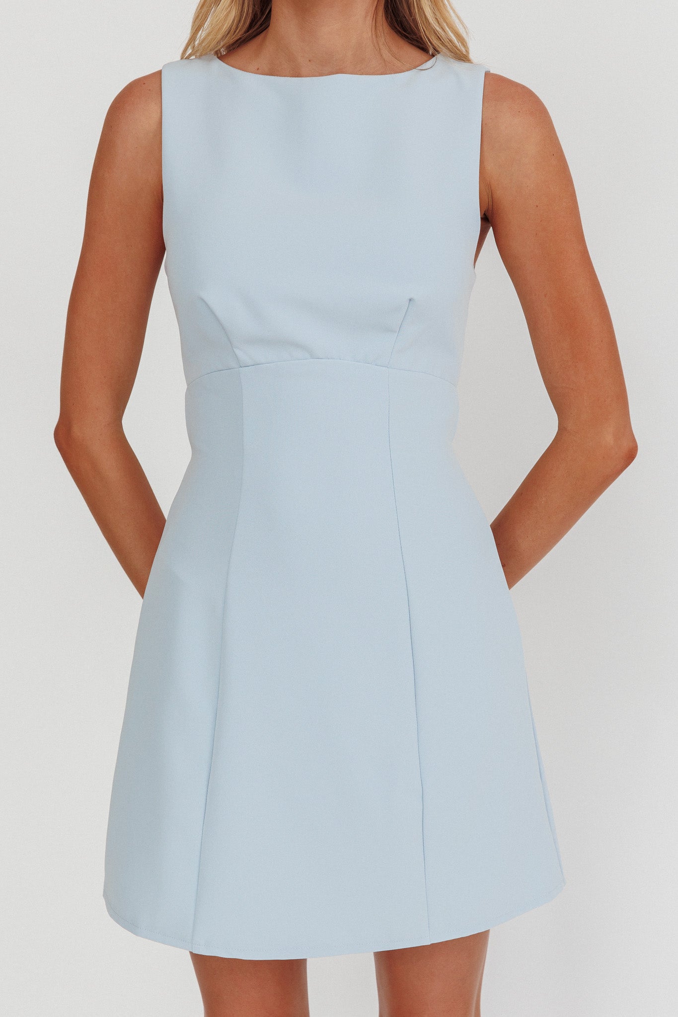 Shannon Boat Neck Sleeveless Mini Dress Light Blue-Maymioy