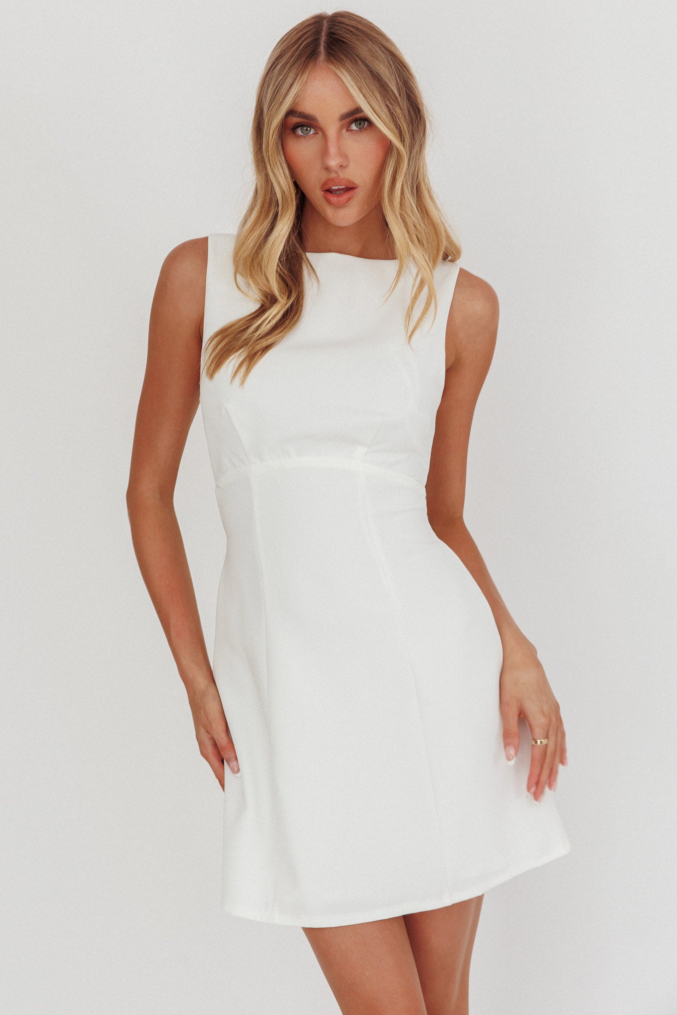 Shannon Boat Neck Sleeveless Mini Dress White-Maymioy
