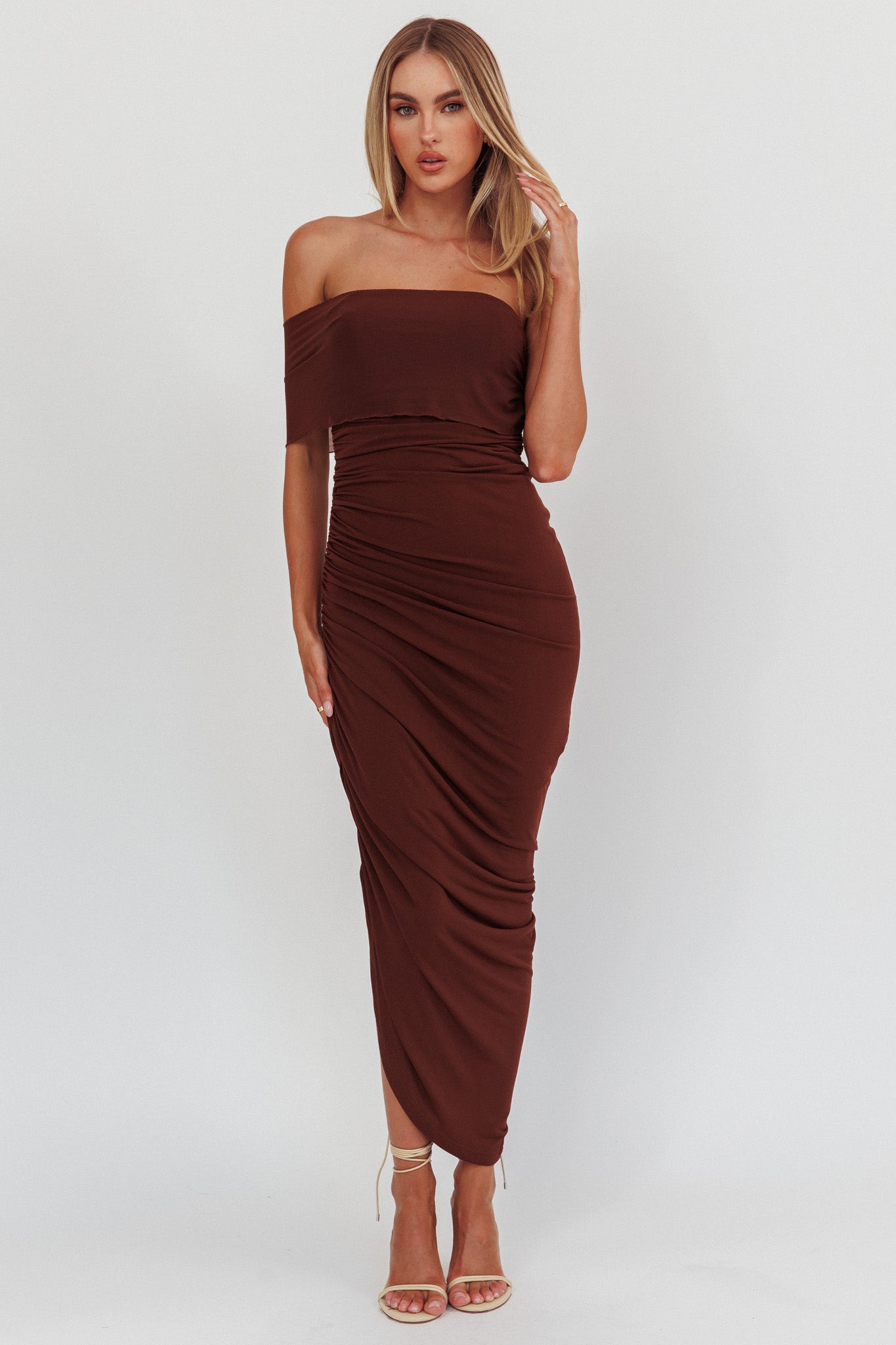 Matches One Shoulder Bodycon Maxi Dress Chocolate-Maymioy
