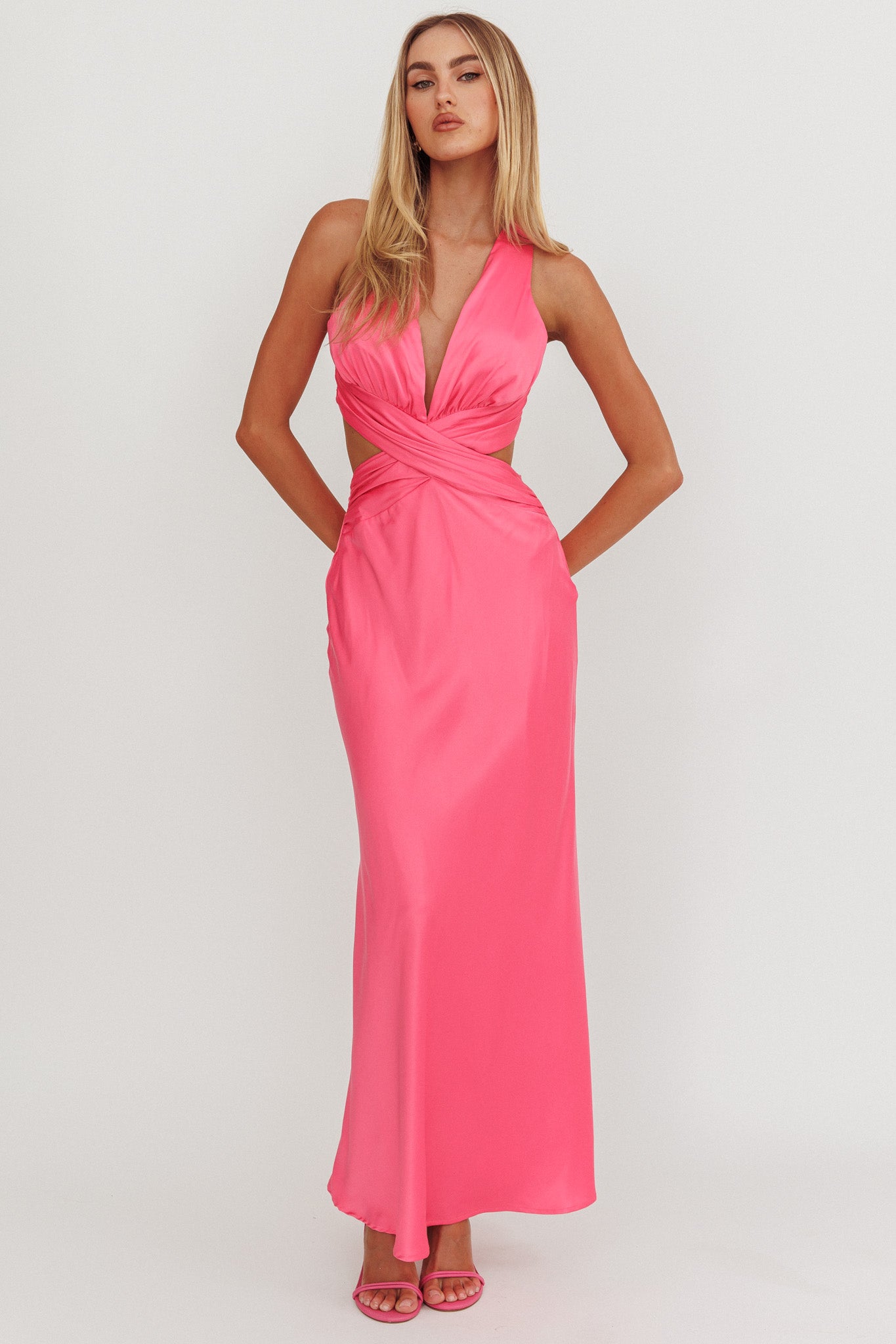 On And On Crossover Cut-Out Maxi Dress Hot Pink-Maymioy