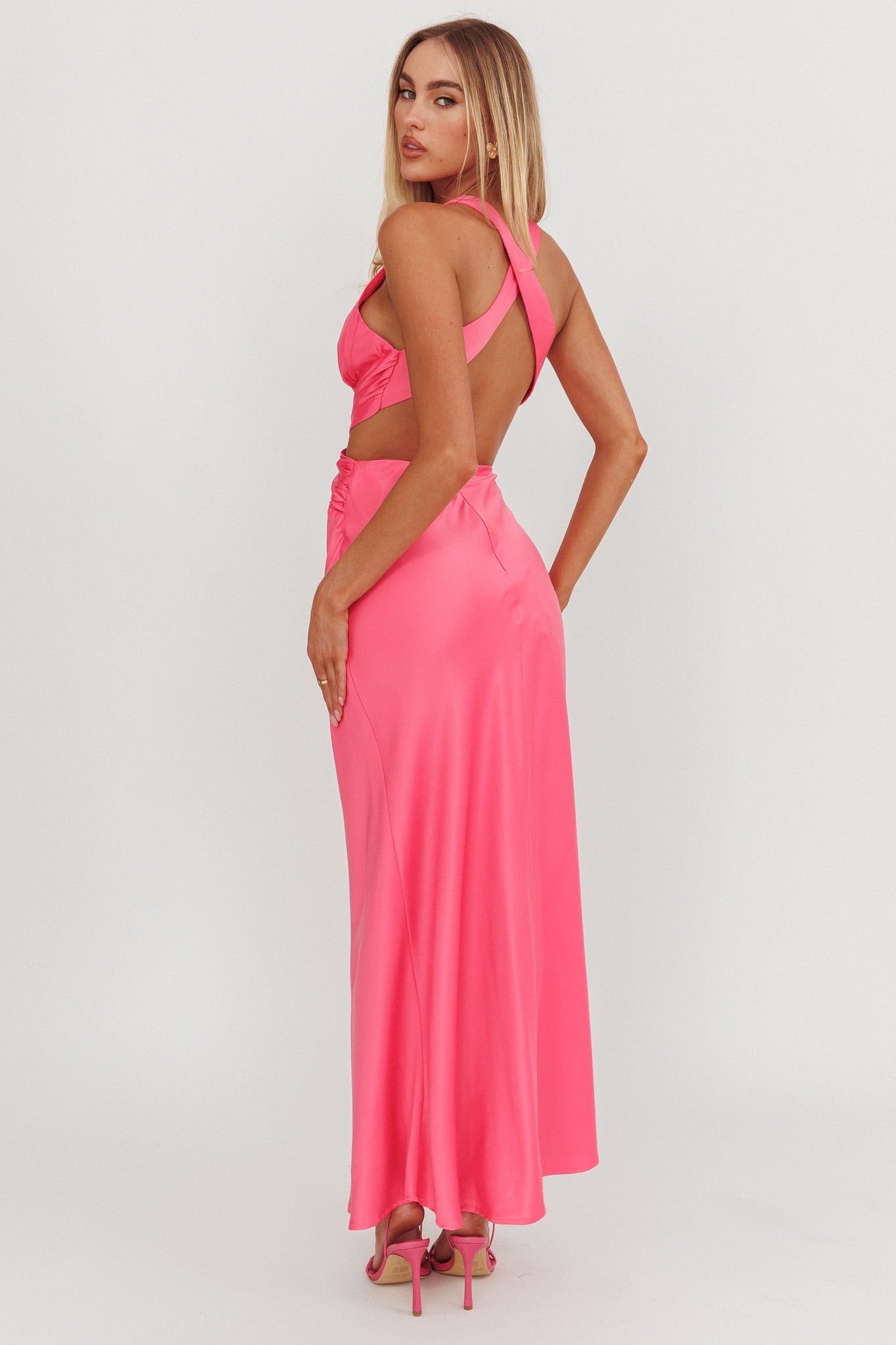 On And On Crossover Cut-Out Maxi Dress Hot Pink-Maymioy