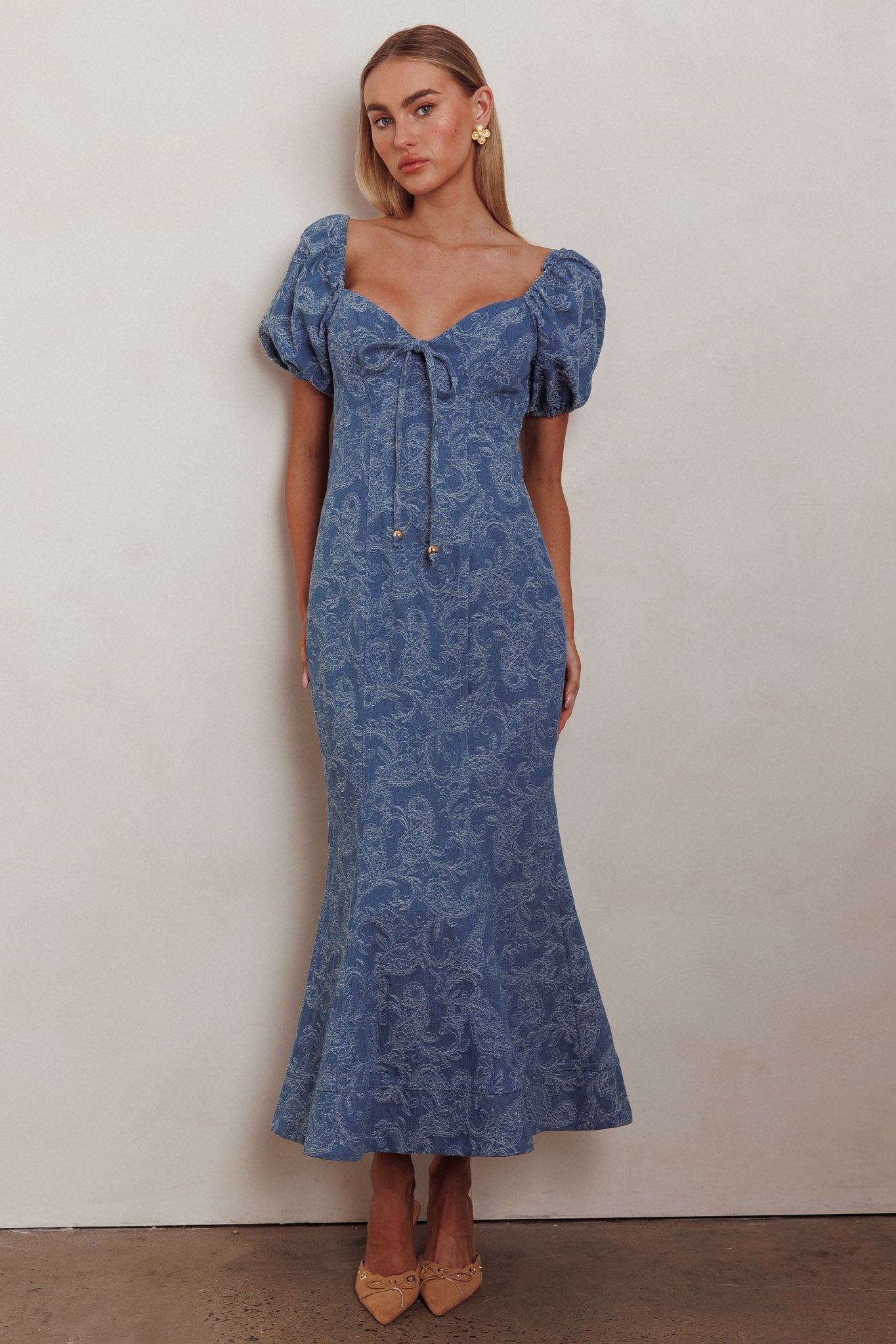 Feeling Electric Puff Sleeves Mermaid Maxi Dress Denim Blue-Maymioy