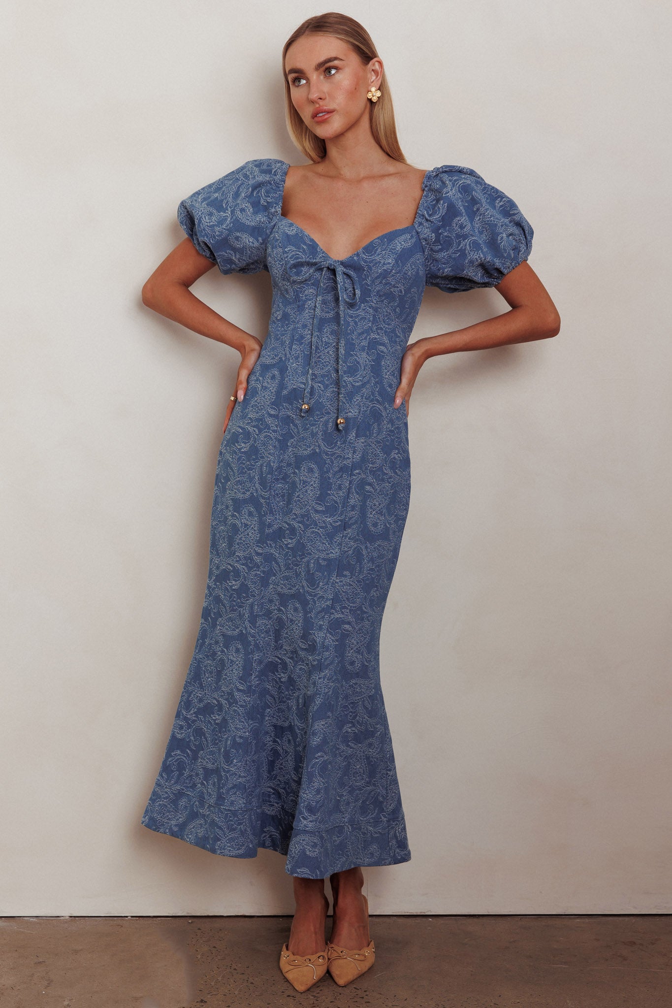 Feeling Electric Puff Sleeves Mermaid Maxi Dress Denim Blue-Maymioy