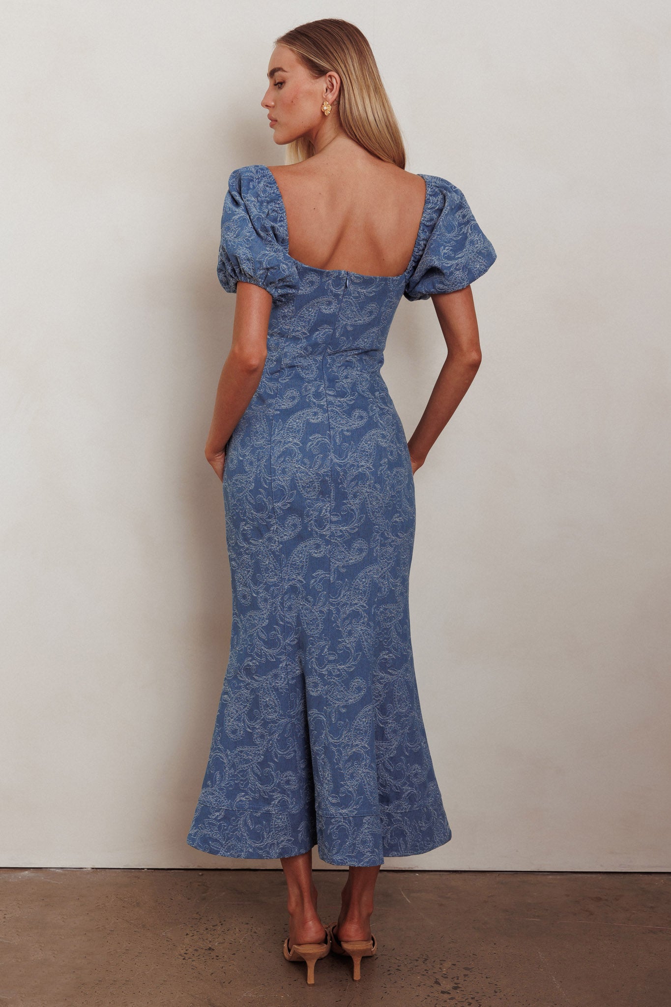 Feeling Electric Puff Sleeves Mermaid Maxi Dress Denim Blue-Maymioy