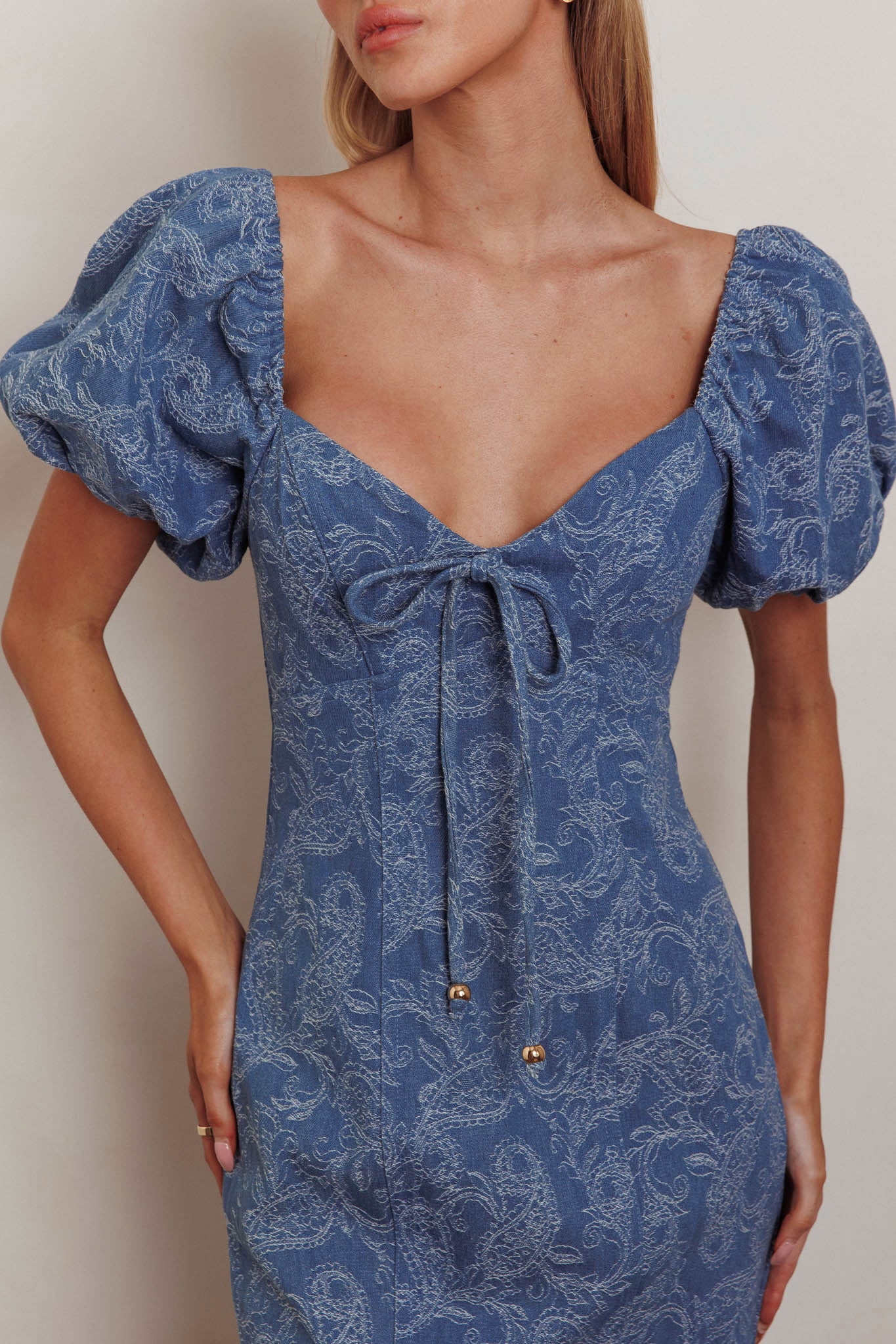 Feeling Electric Puff Sleeves Mermaid Maxi Dress Denim Blue-Maymioy