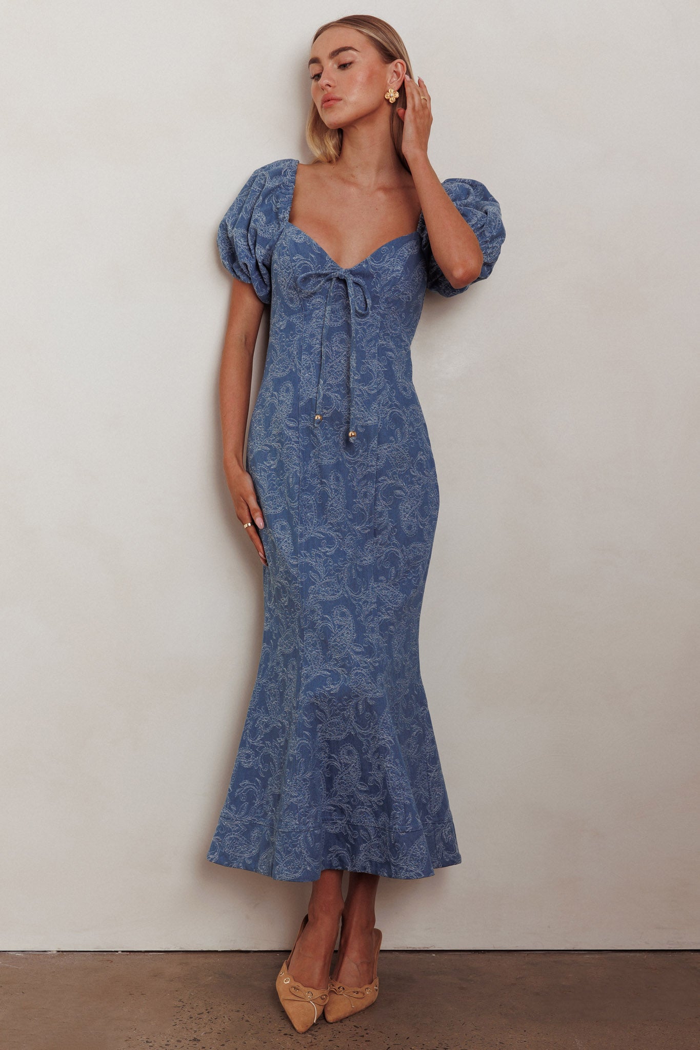 Feeling Electric Puff Sleeves Mermaid Maxi Dress Denim Blue-Maymioy