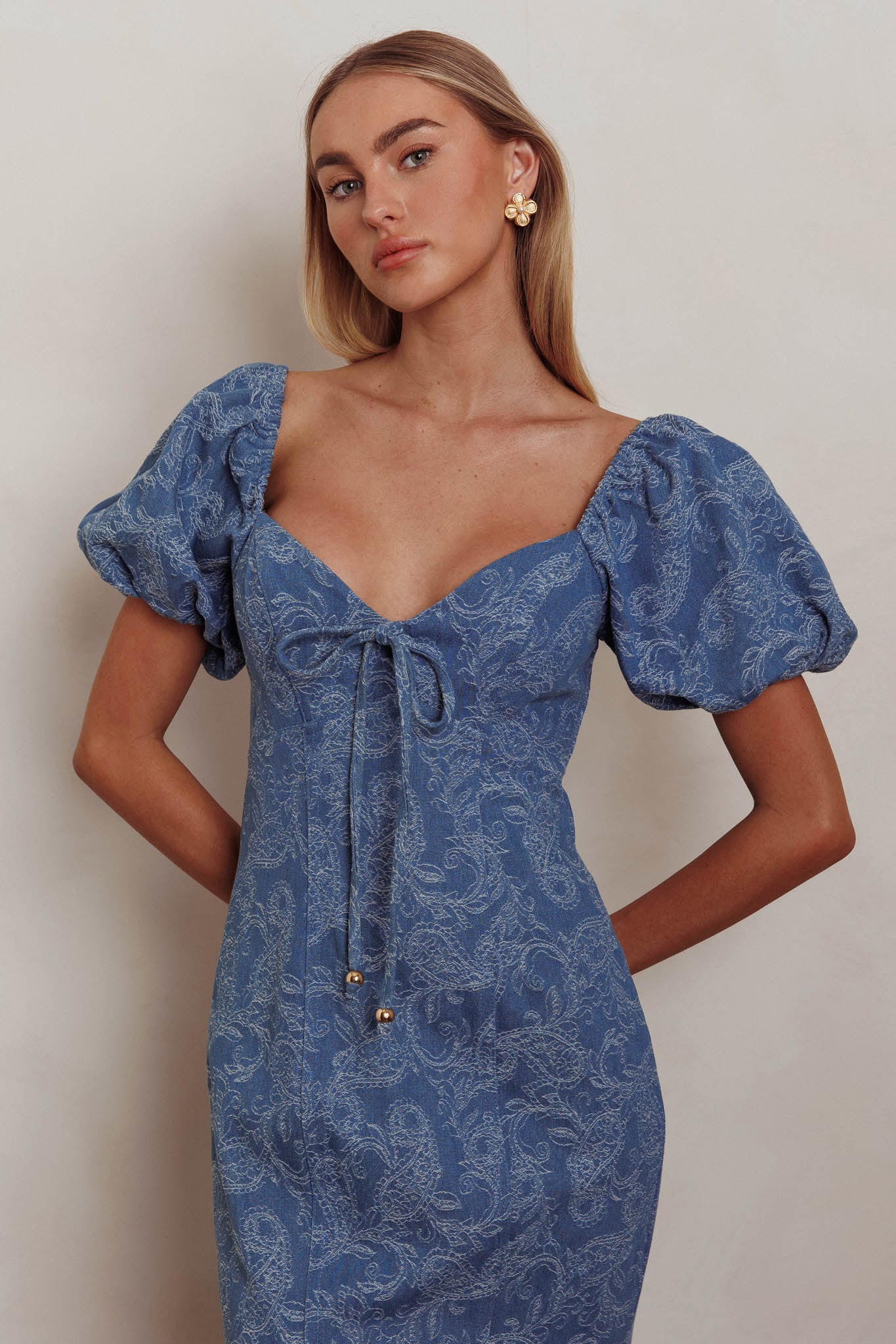 Feeling Electric Puff Sleeves Mermaid Maxi Dress Denim Blue-Maymioy