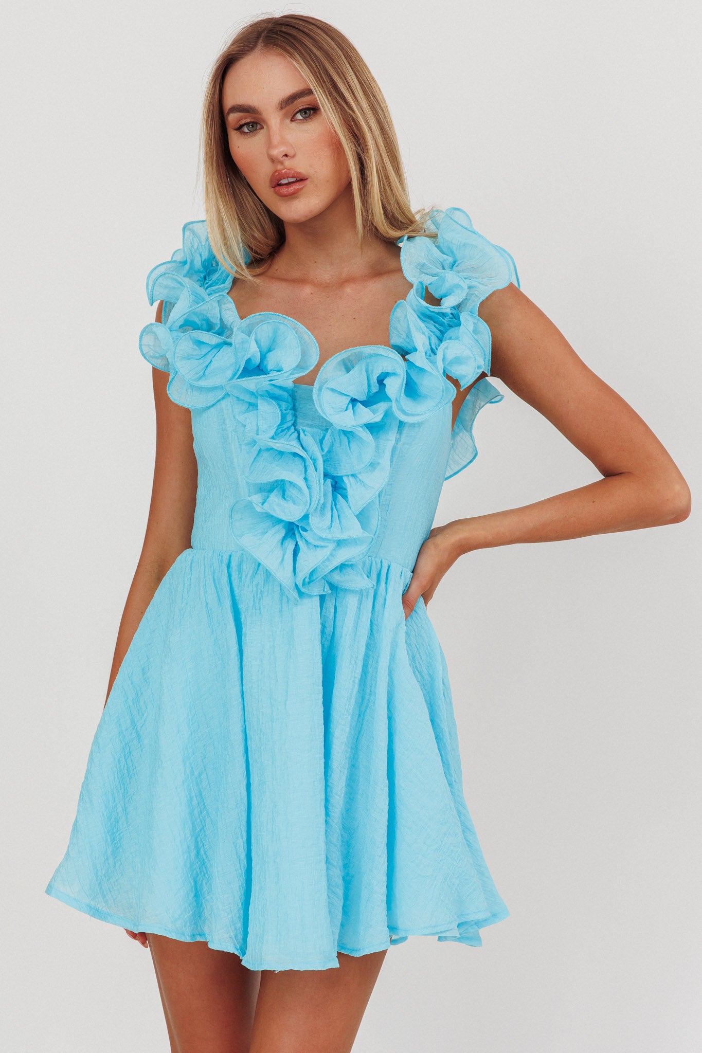 Nivaya Ruffle Neckline Mini Dress Ocean-Maymioy