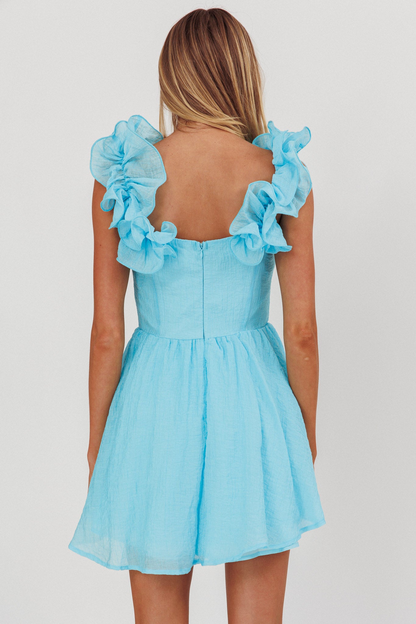 Nivaya Ruffle Neckline Mini Dress Ocean-Maymioy