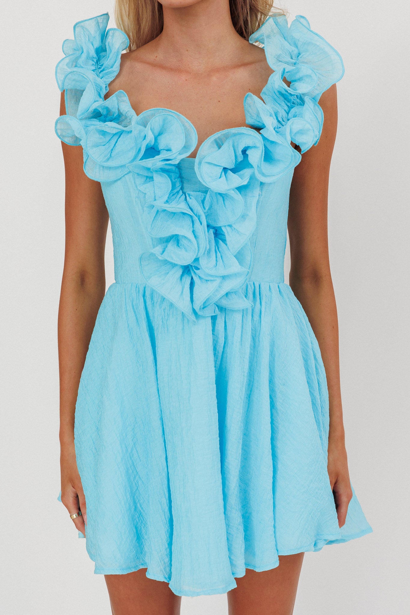 Nivaya Ruffle Neckline Mini Dress Ocean-Maymioy