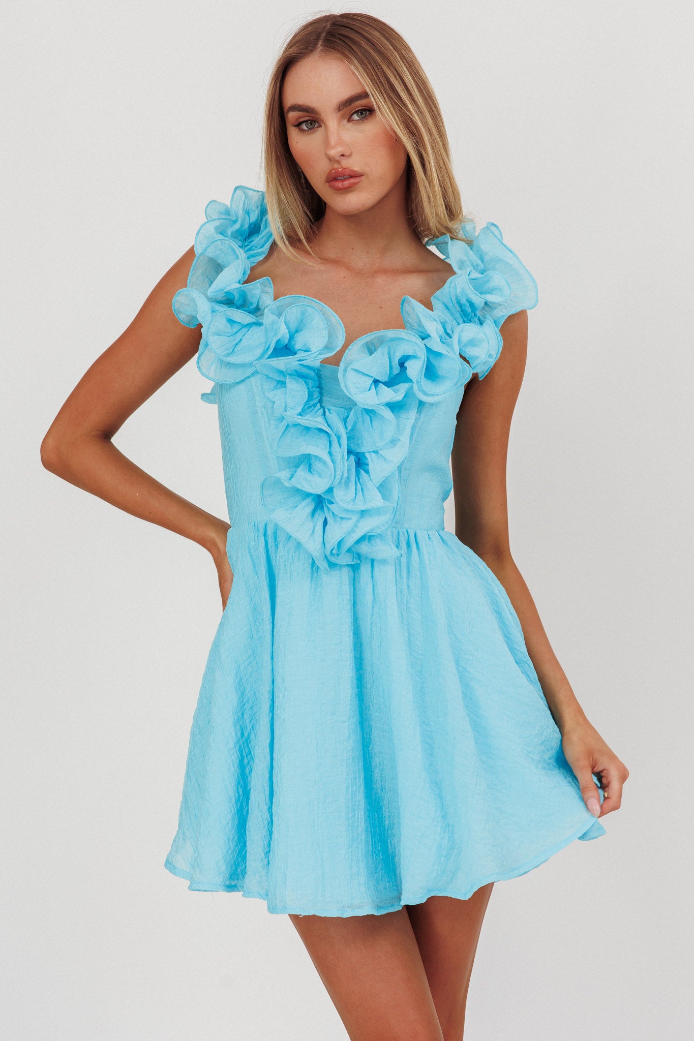 Nivaya Ruffle Neckline Mini Dress Ocean-Maymioy