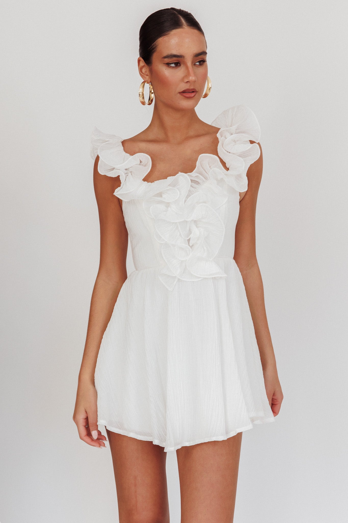 Nivaya Ruffle Neckline Mini Dress White-Maymioy