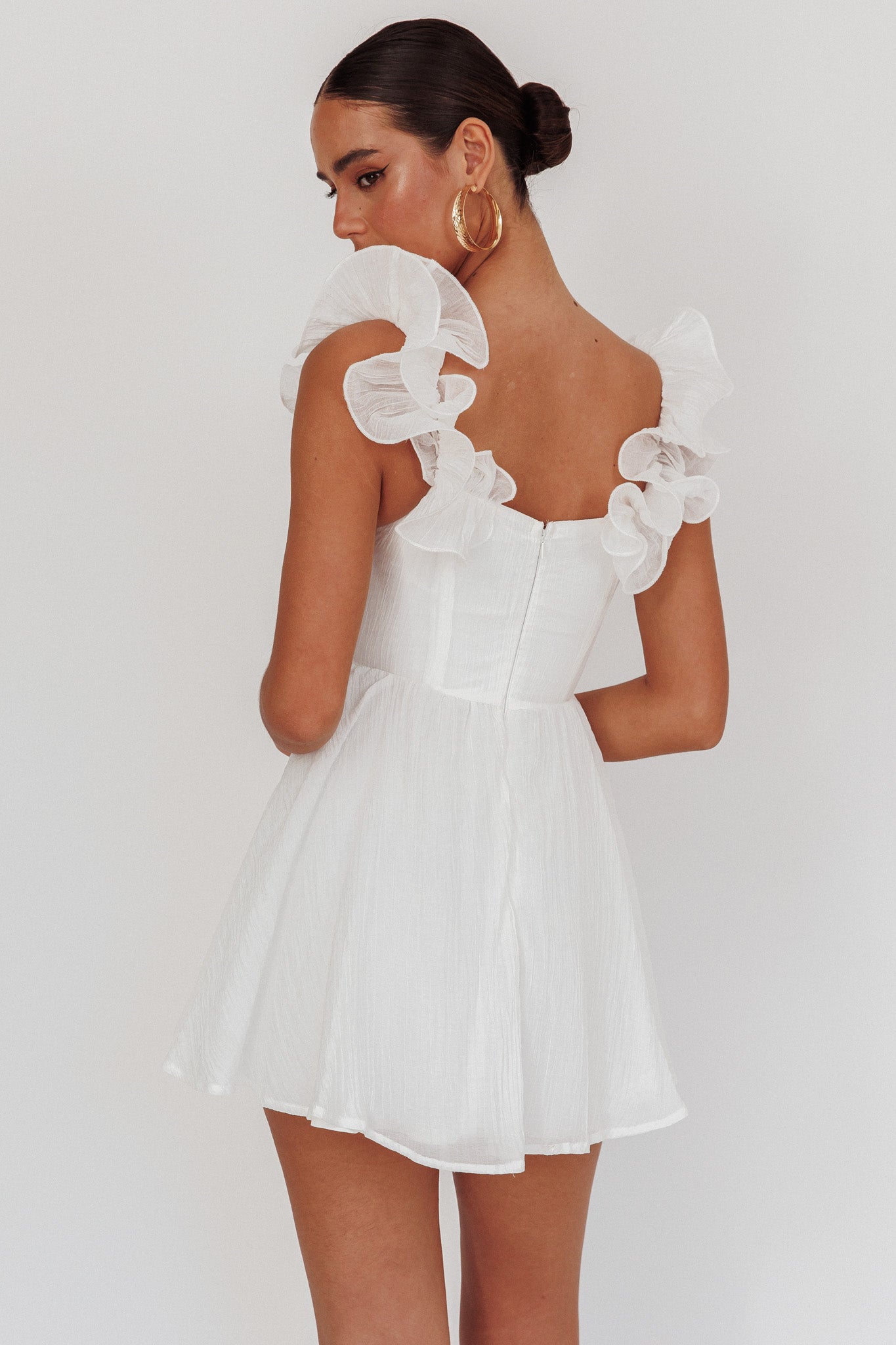 Nivaya Ruffle Neckline Mini Dress White-Maymioy