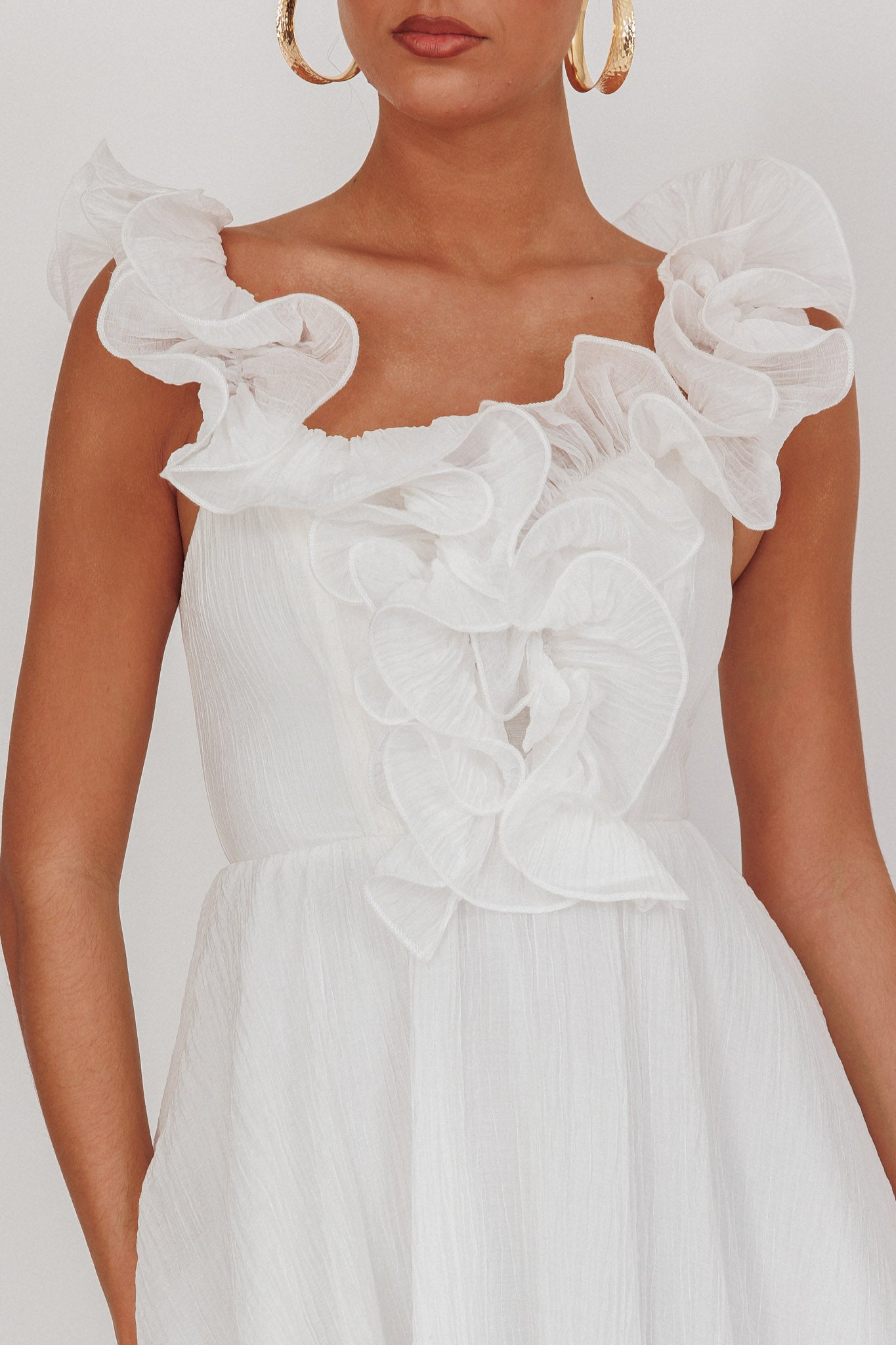 Nivaya Ruffle Neckline Mini Dress White-Maymioy