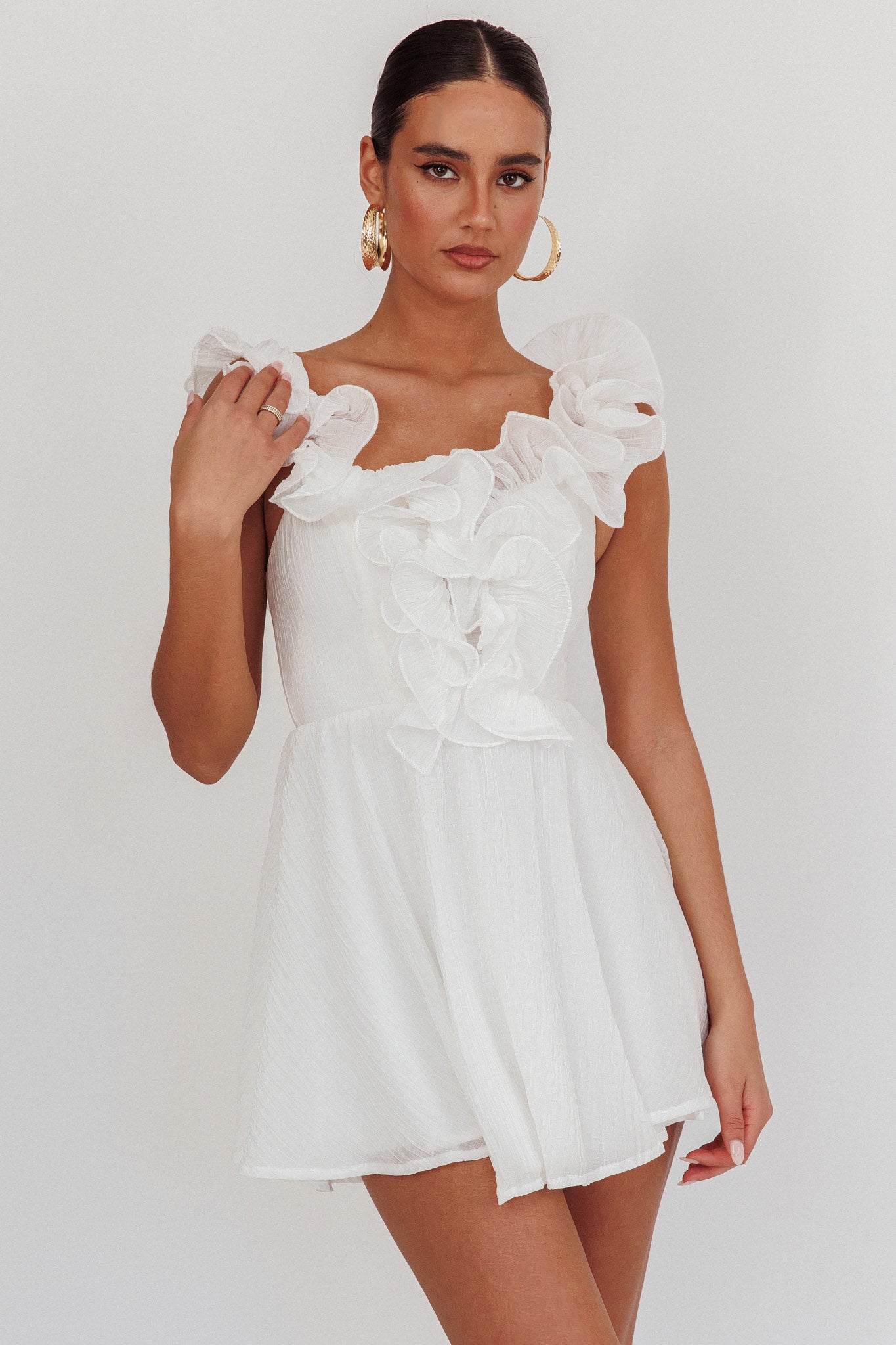 Nivaya Ruffle Neckline Mini Dress White-Maymioy