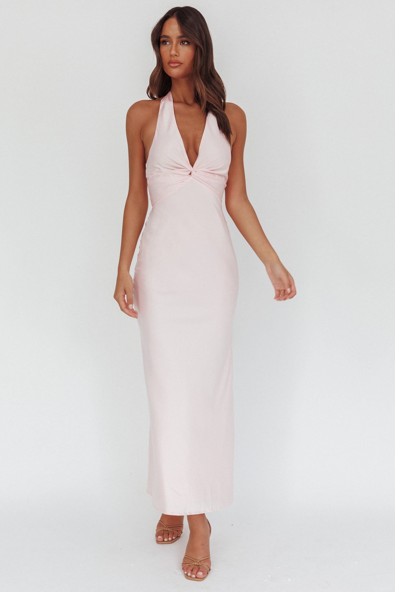 Devotion Twist Bust Halter Maxi Dress Baby Pink-Maymioy