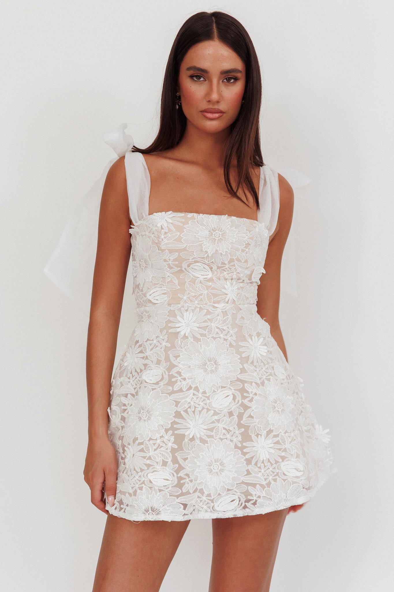 Suns Out Tied Shoulder Embellished Mini Dress White-Maymioy