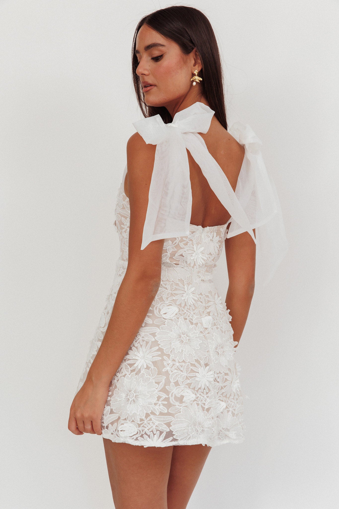 Suns Out Tied Shoulder Embellished Mini Dress White-Maymioy