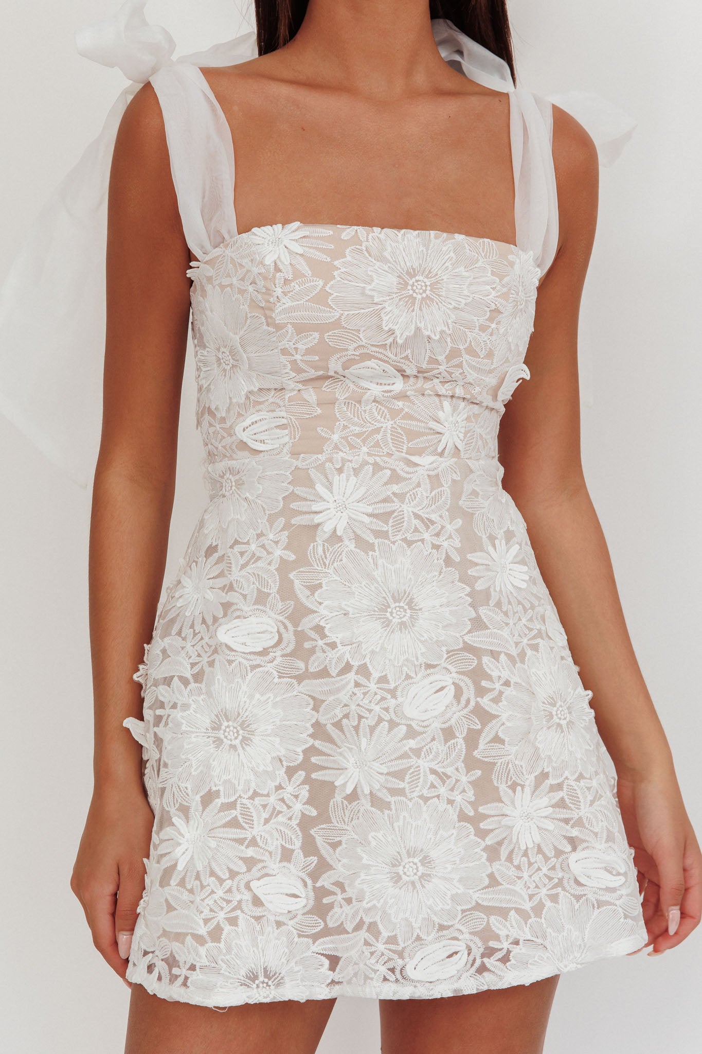 Suns Out Tied Shoulder Embellished Mini Dress White-Maymioy