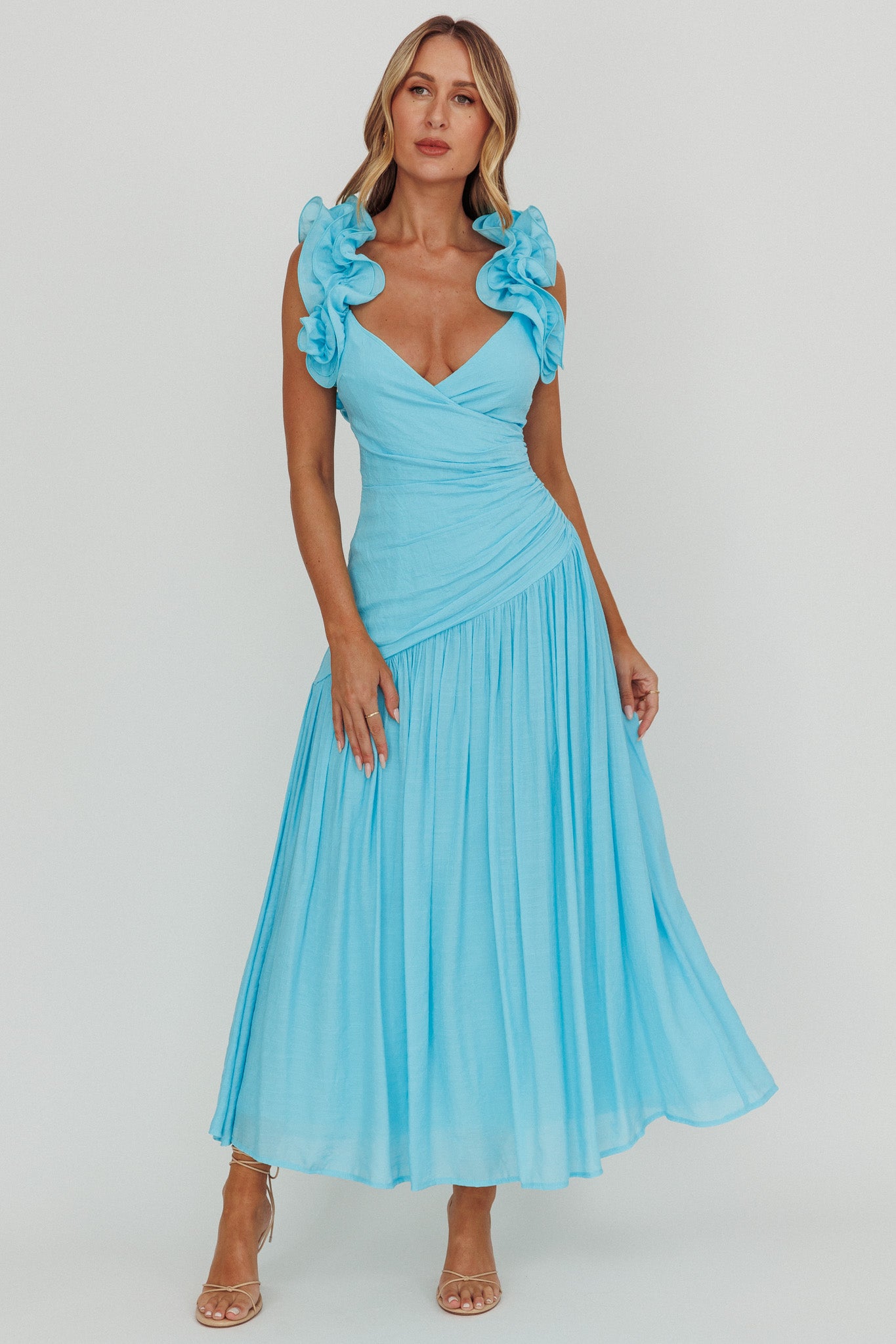 Kinley Ruffle Strap Maxi Dress Blue-Maymioy