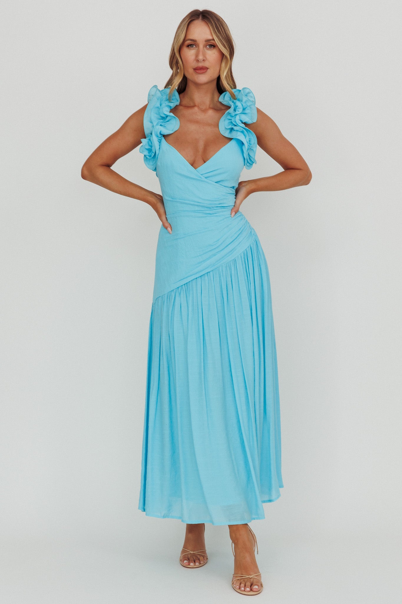 Kinley Ruffle Strap Maxi Dress Blue-Maymioy