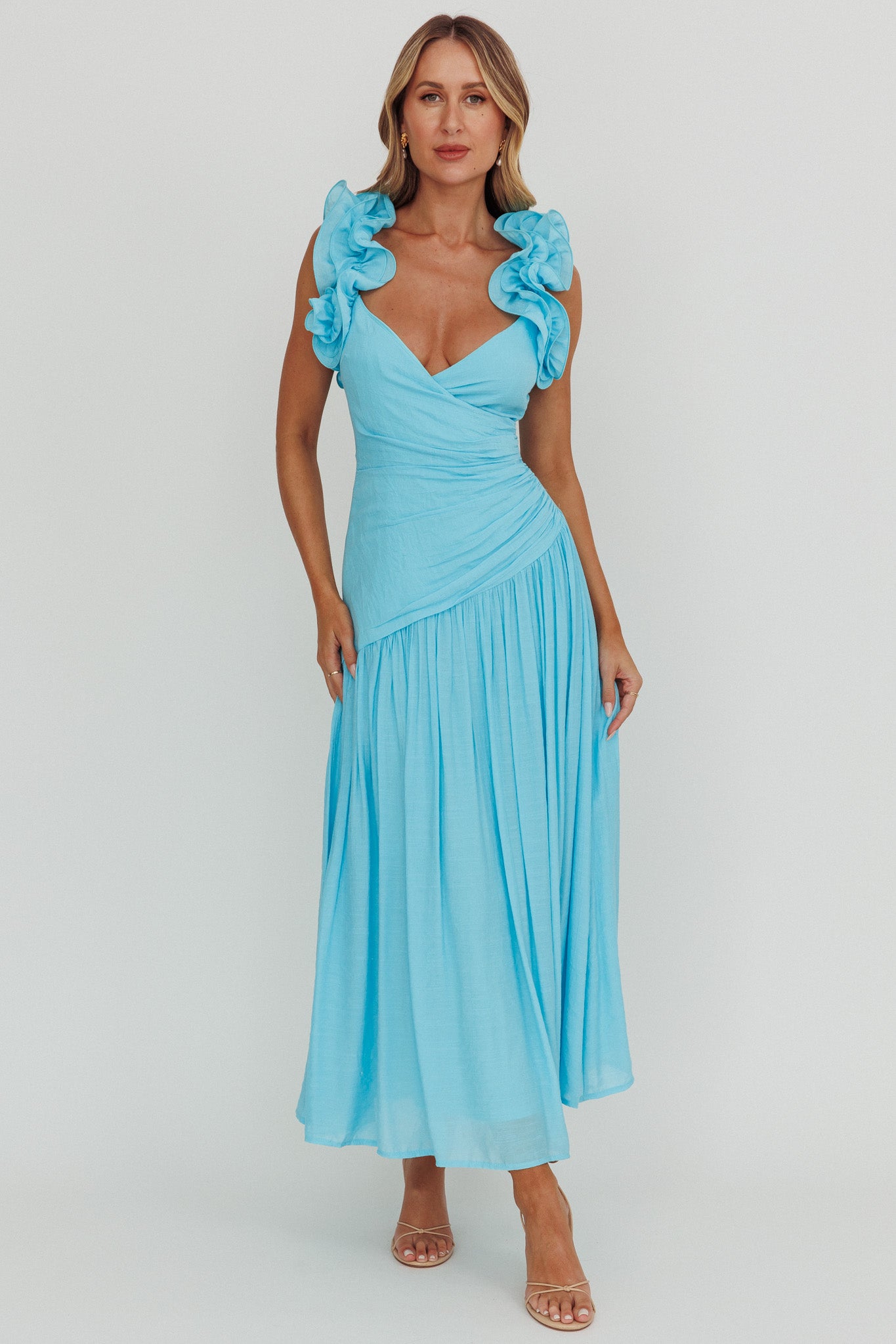 Kinley Ruffle Strap Maxi Dress Blue-Maymioy