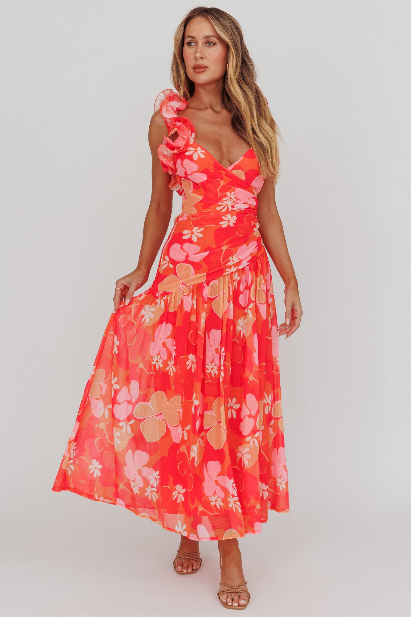 Kinley Ruffle Strap Maxi Dress Floral Orange-Maymioy