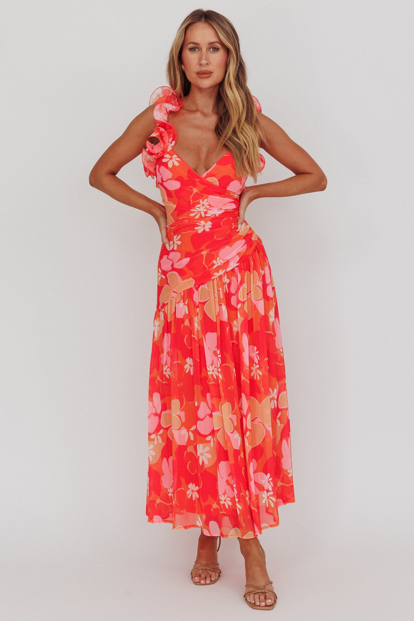 Kinley Ruffle Strap Maxi Dress Floral Orange-Maymioy
