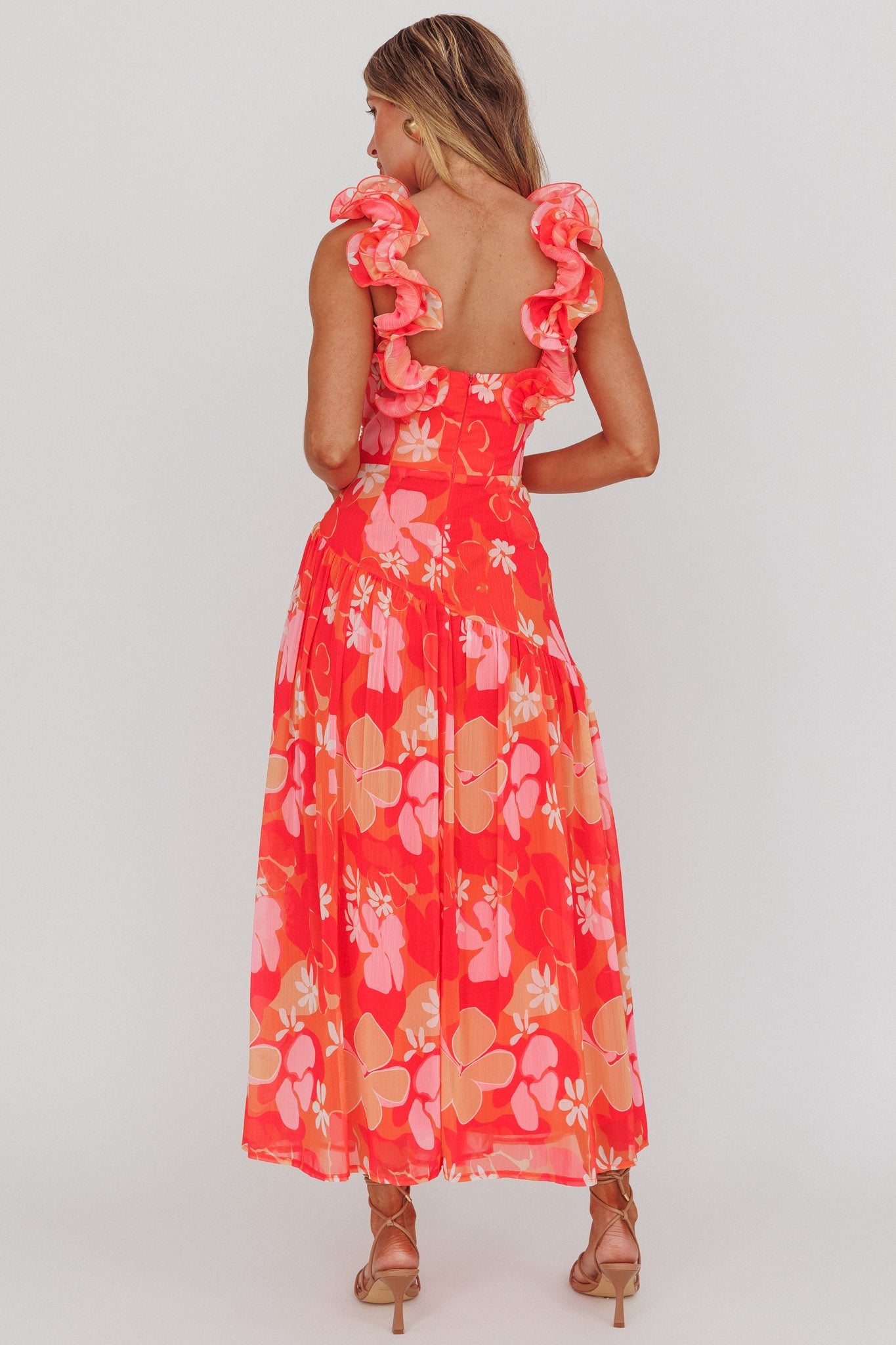 Kinley Ruffle Strap Maxi Dress Floral Orange-Maymioy
