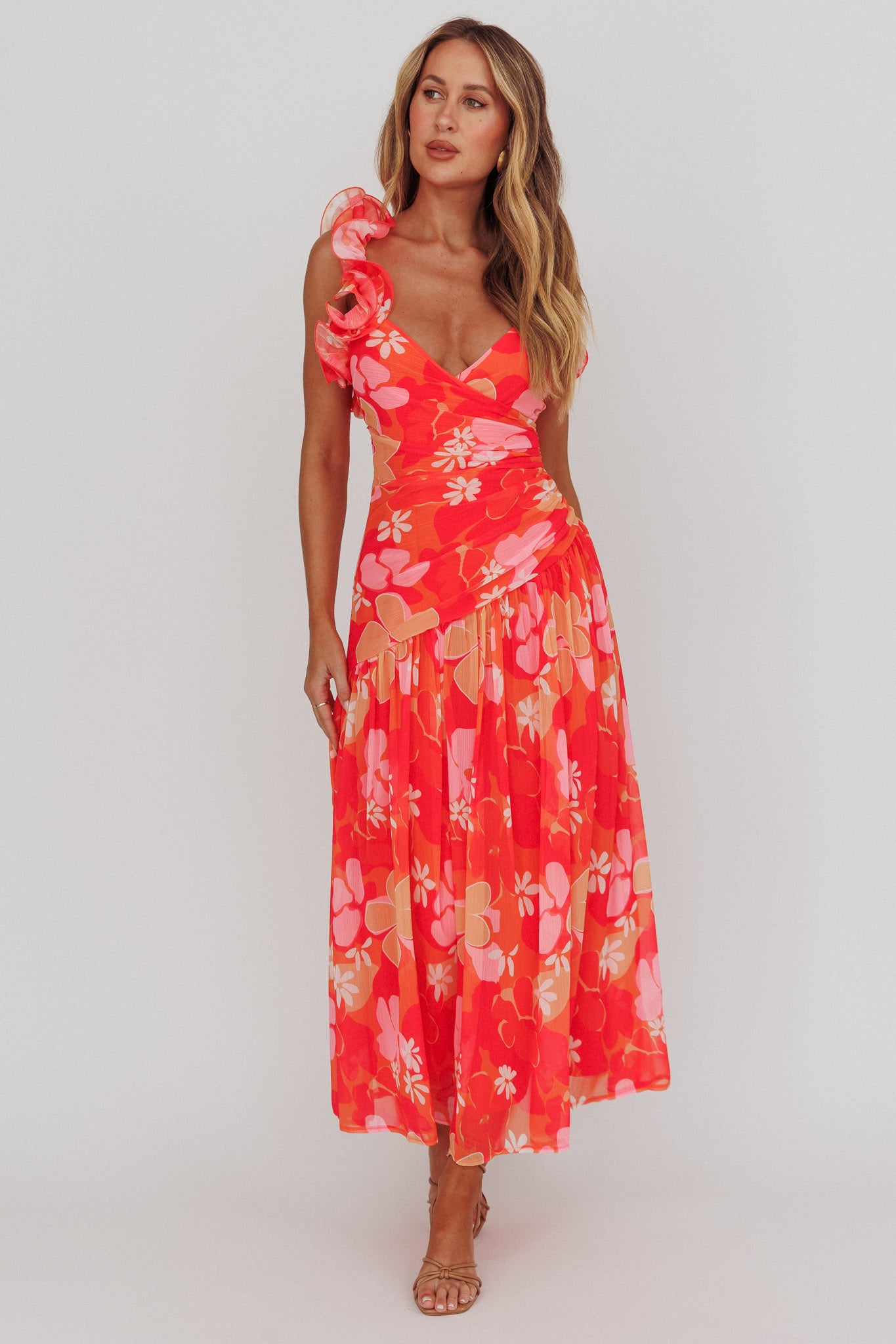 Kinley Ruffle Strap Maxi Dress Floral Orange-Maymioy