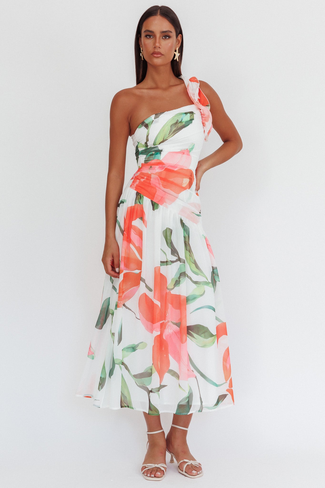 Kinley One-Shoulder Ruffle Maxi Dress Floral Red-Maymioy