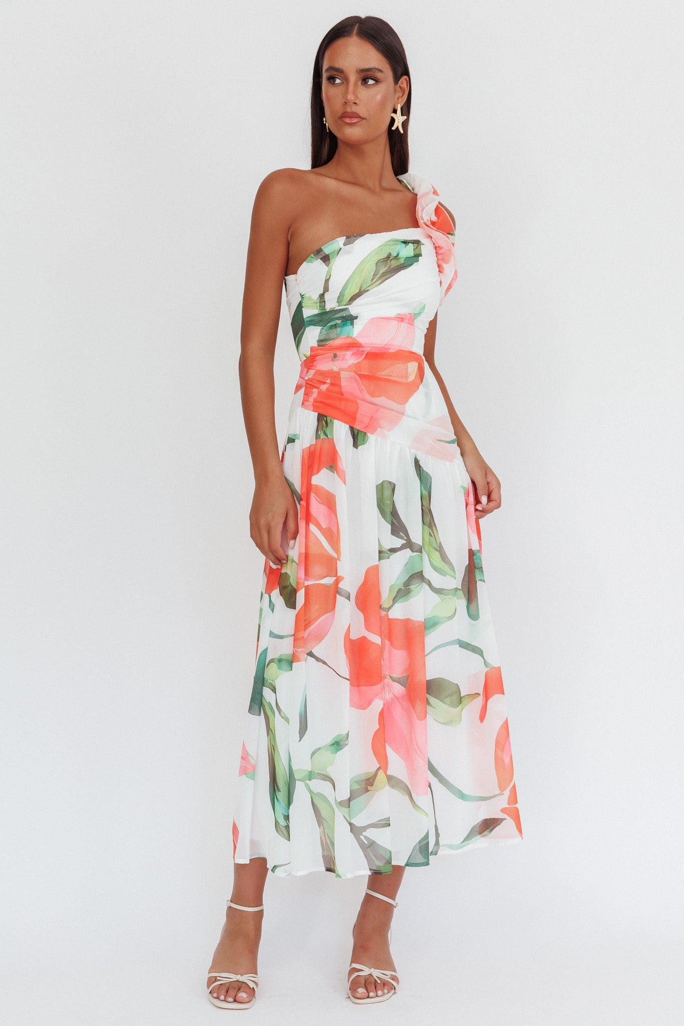 Kinley One-Shoulder Ruffle Maxi Dress Floral Red-Maymioy