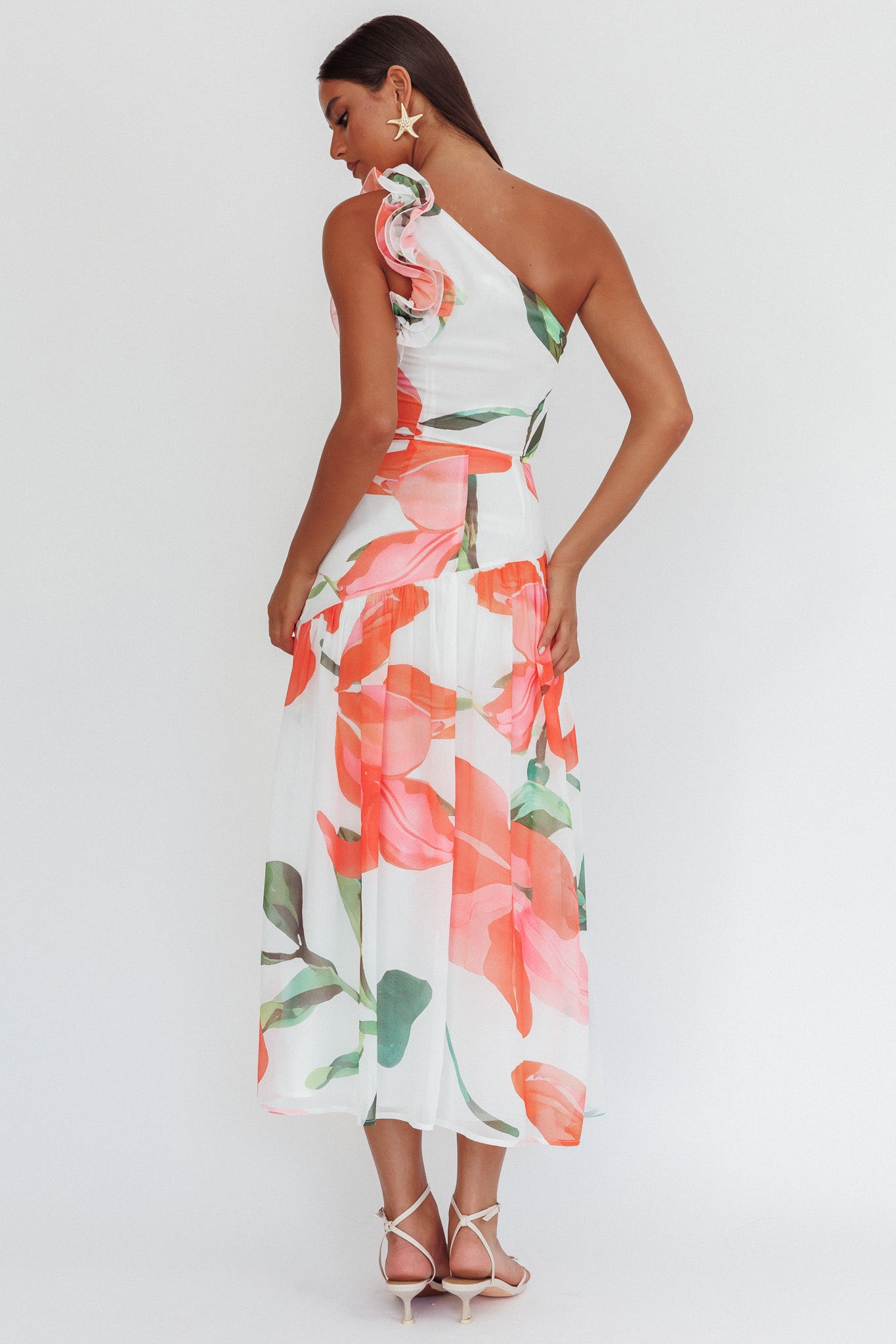 Kinley One-Shoulder Ruffle Maxi Dress Floral Red-Maymioy