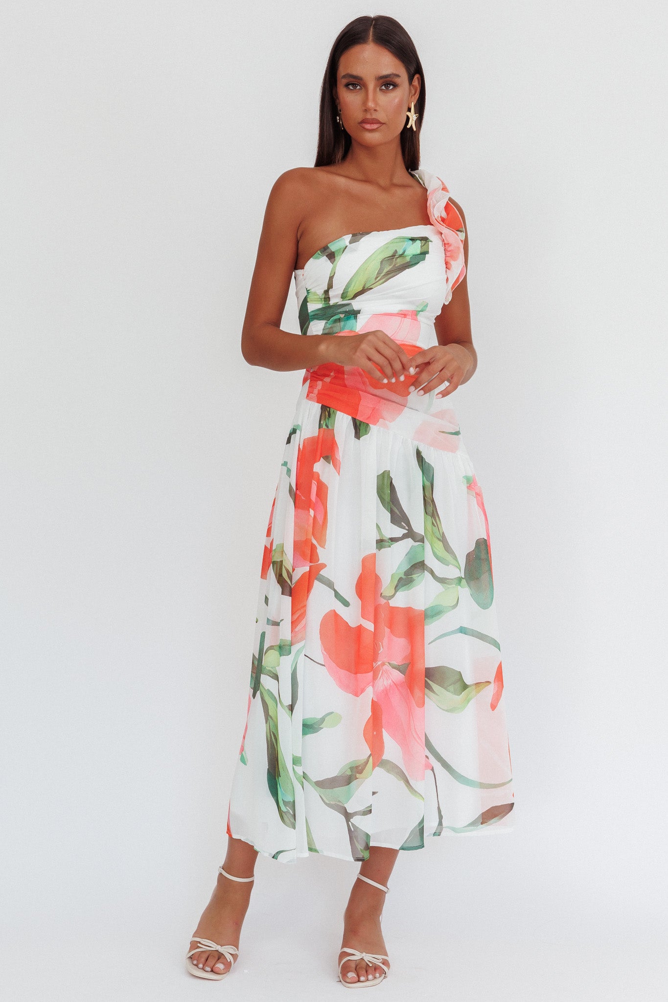 Kinley One-Shoulder Ruffle Maxi Dress Floral Red-Maymioy
